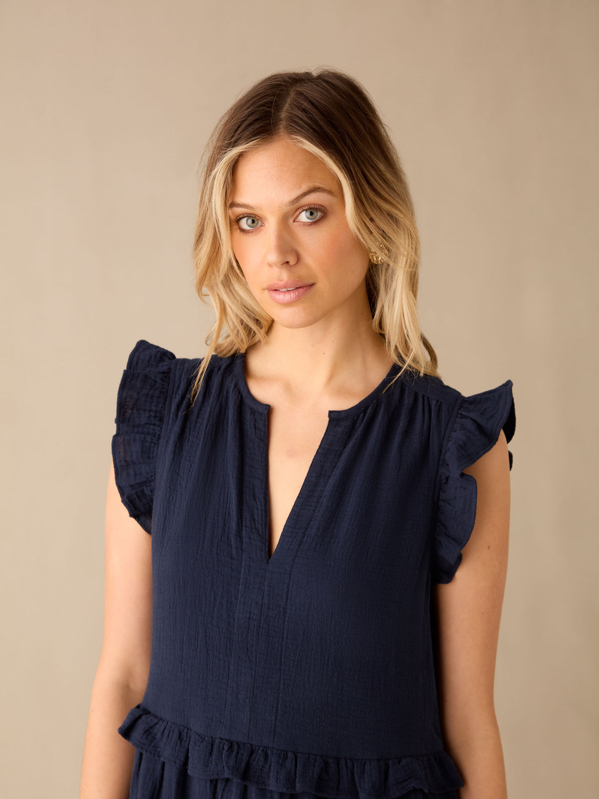 Navy Frill Detail Cheesecloth Dress