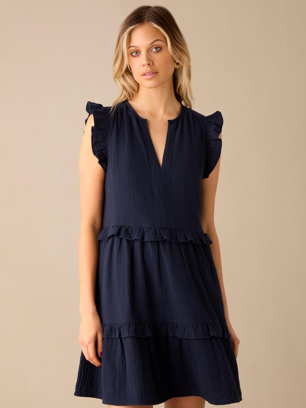 Navy Frill Detail Cheesecloth Dress