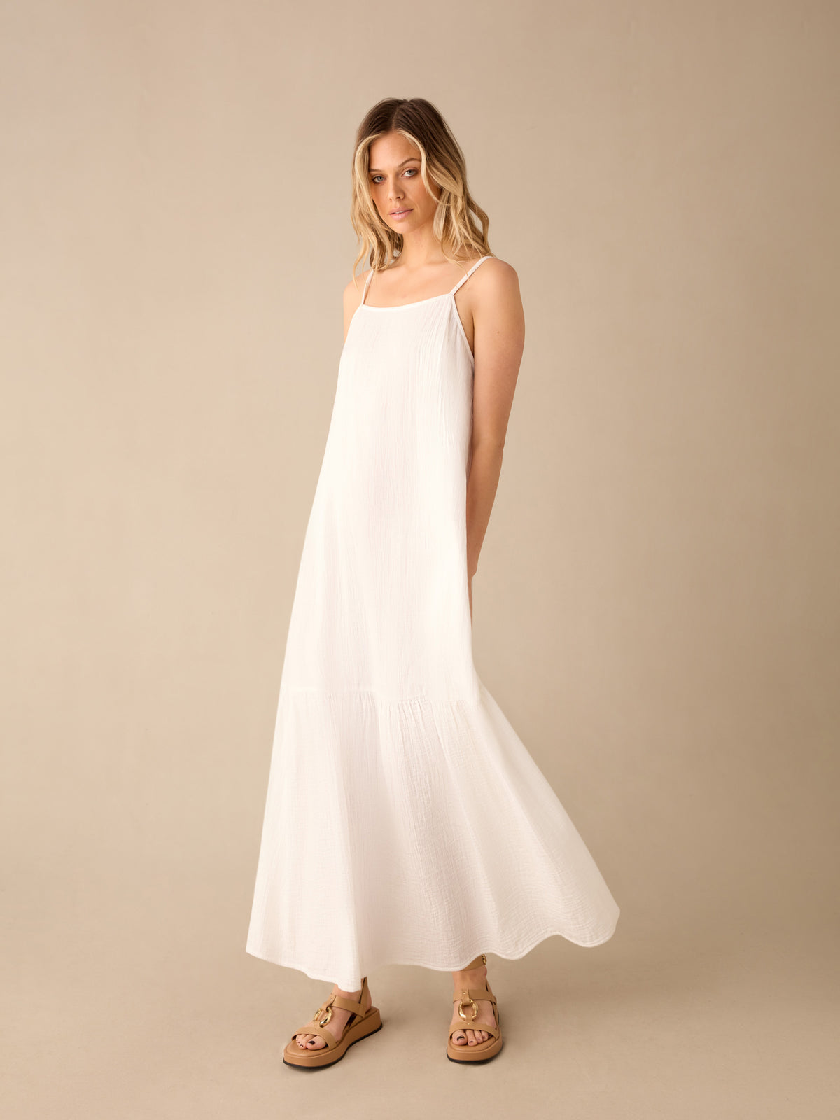 White Tiered Hem Strappy Cheesecloth Dress