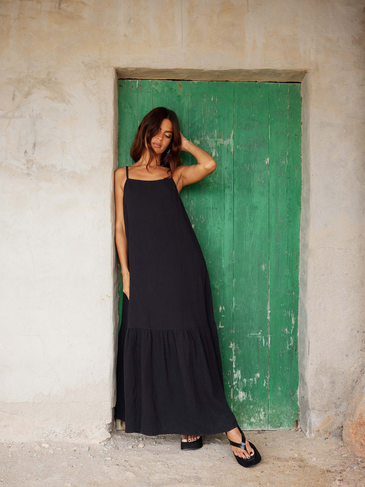 Black Tiered Hem Strappy Cheesecloth Dress