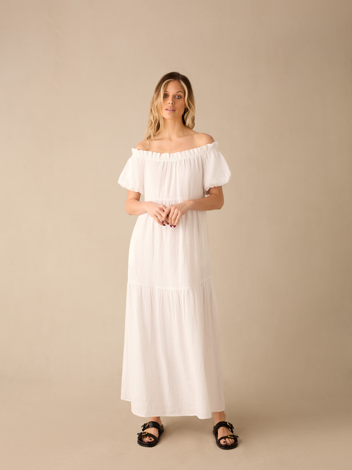 White Off Shoulder Cheesecloth Dress
