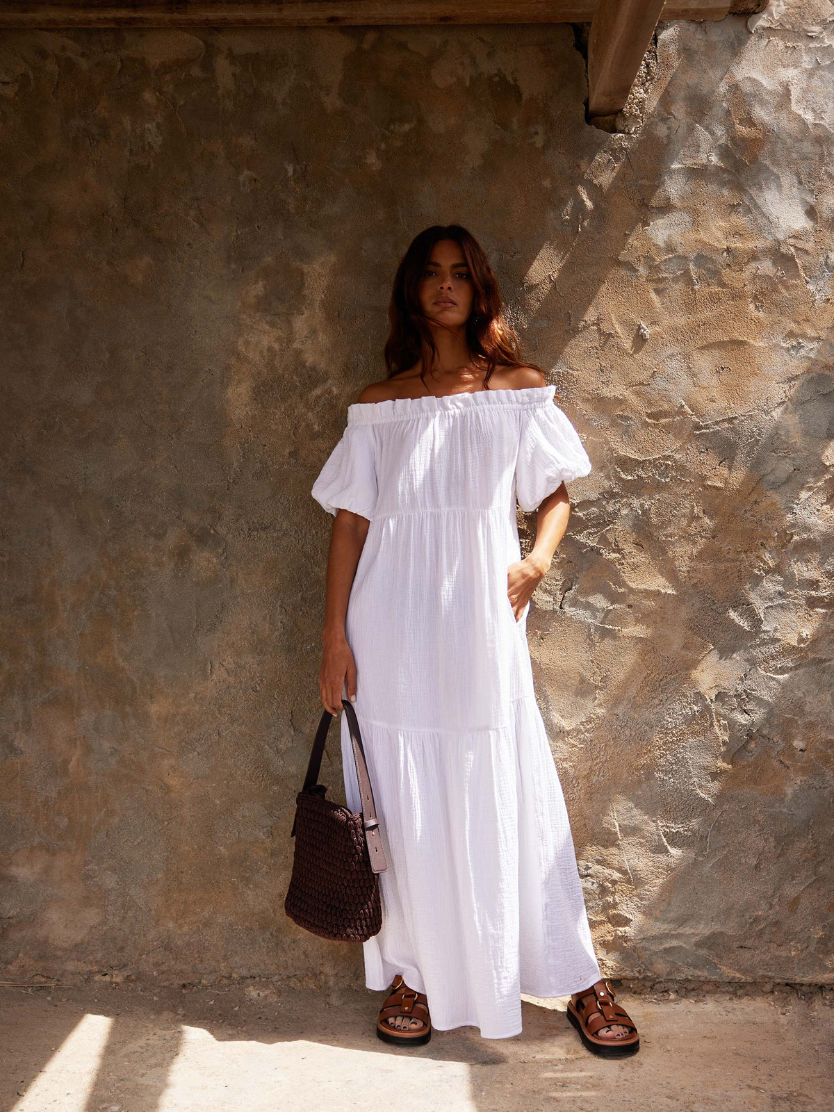 White Off Shoulder Cheesecloth Dress