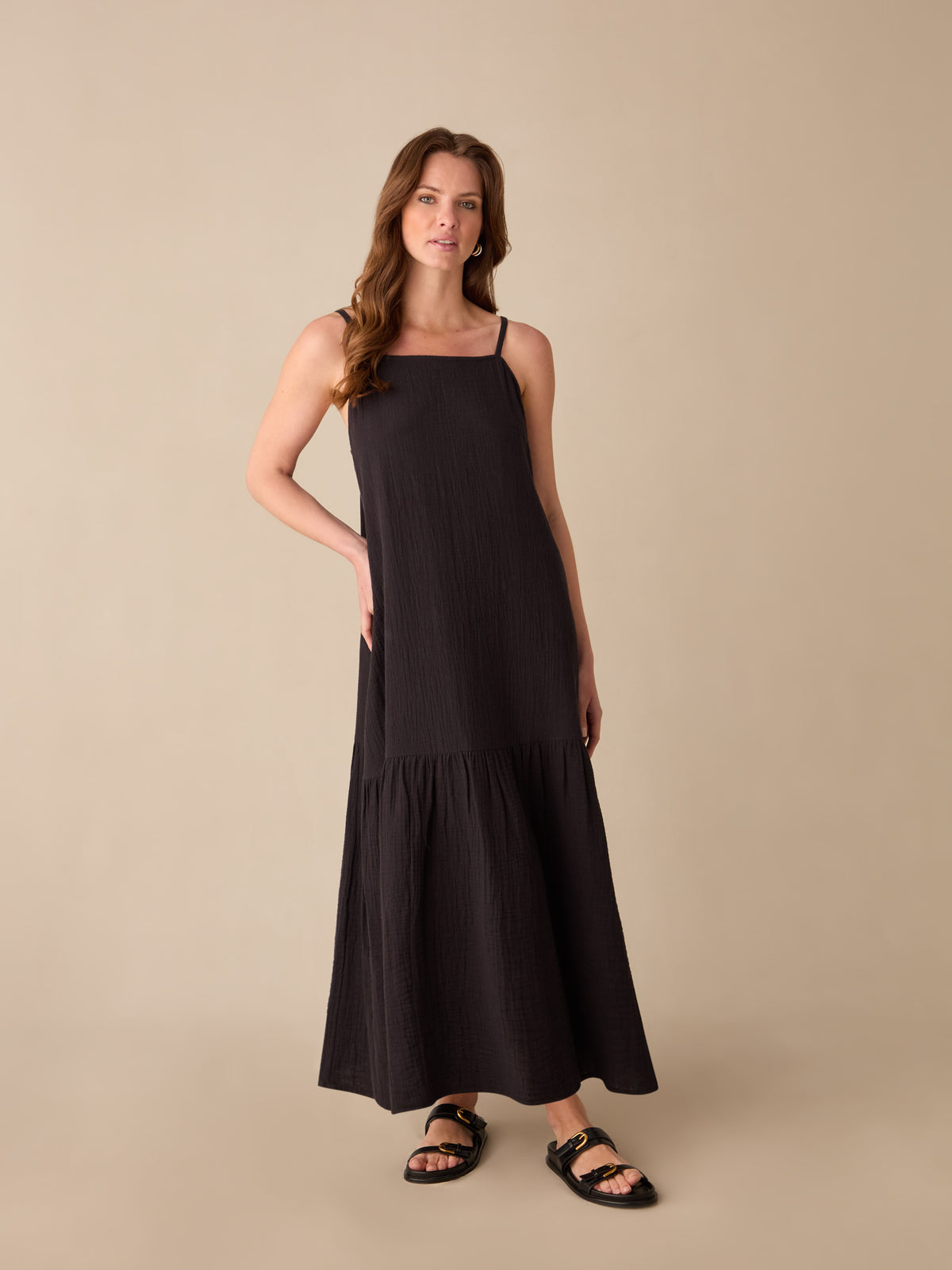Petite Black Tiered Hem Strappy Cheesecloth Dress