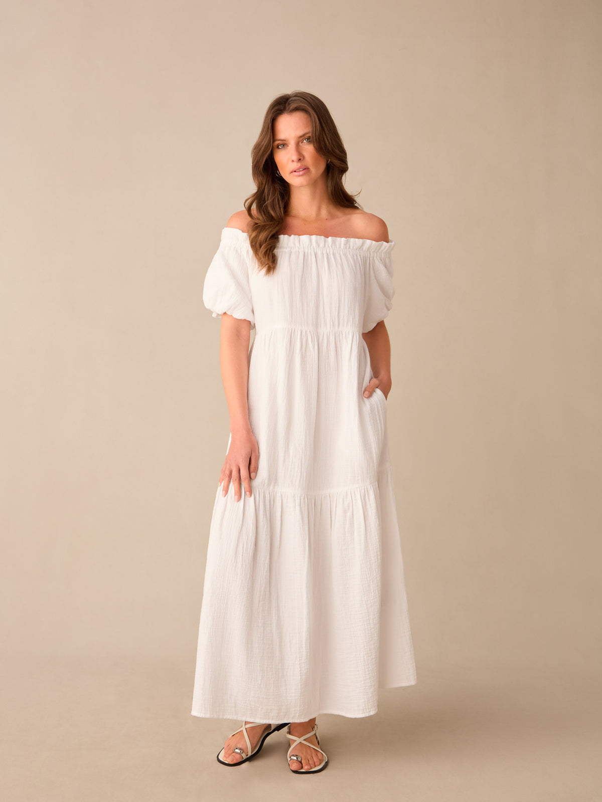 Petite White Off Shoulder Cheesecloth Dress