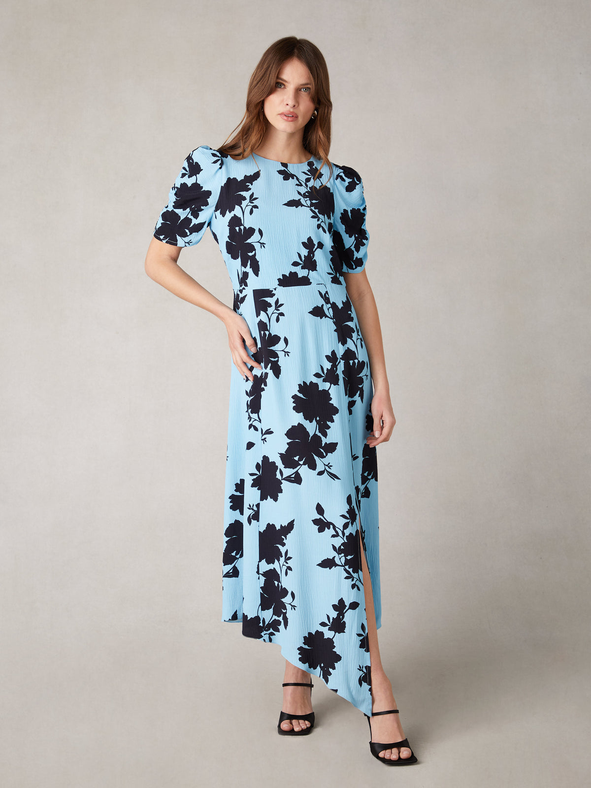 Luna Blue Shadow Floral Print Midi Dress