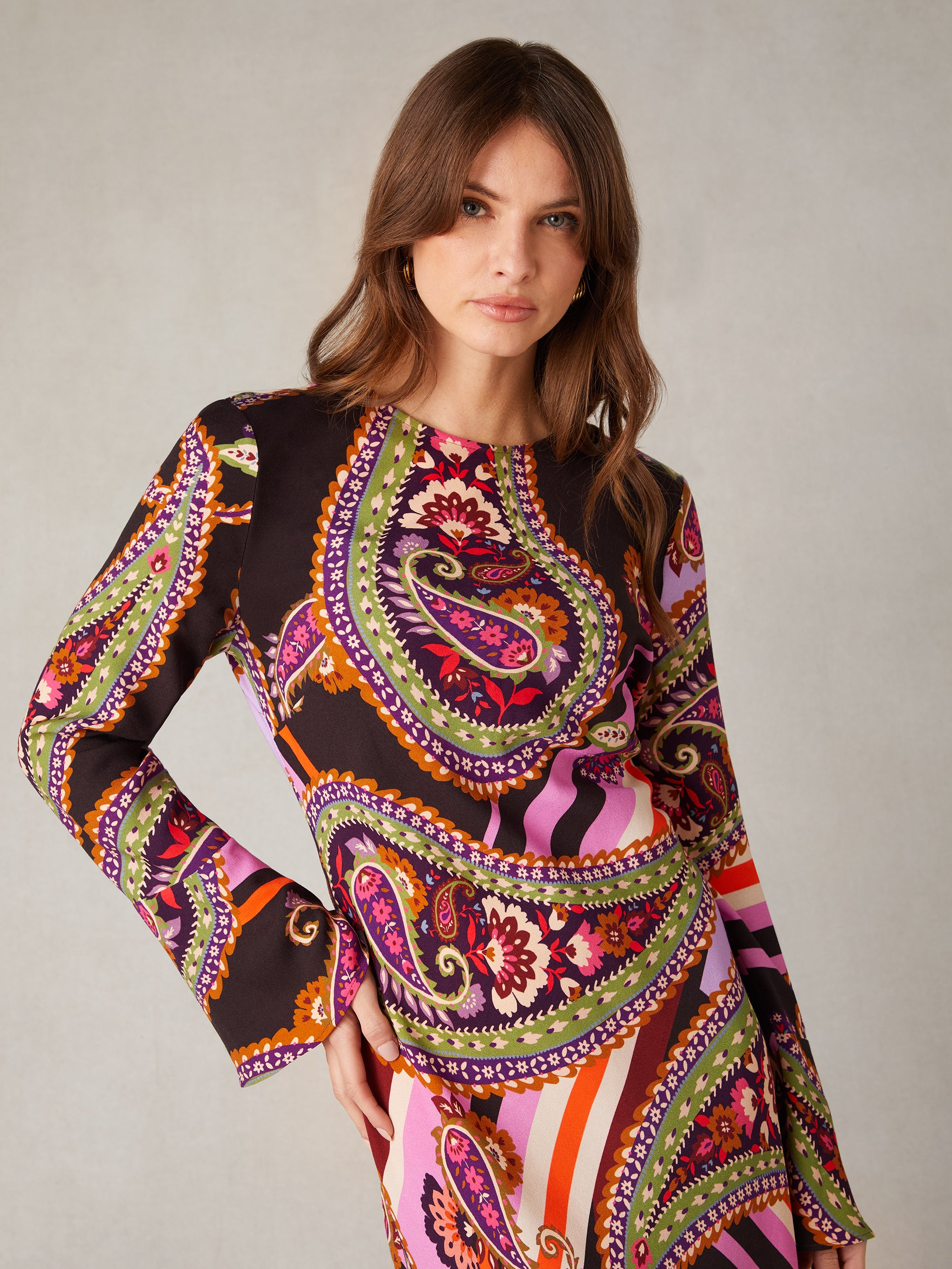 Multi Paisley Print Flute Sleeve Maxi Dress Ro Zo