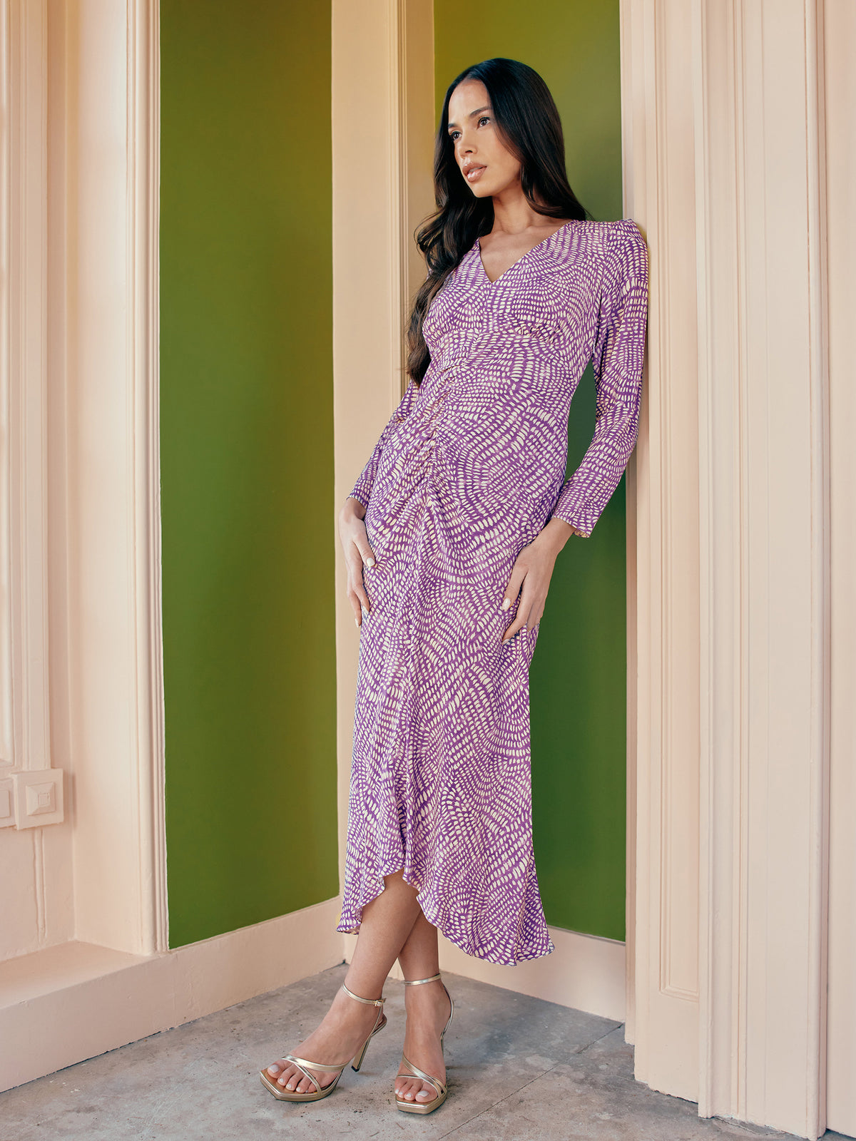 Purple Geo Print Ruched Front Midi Dress