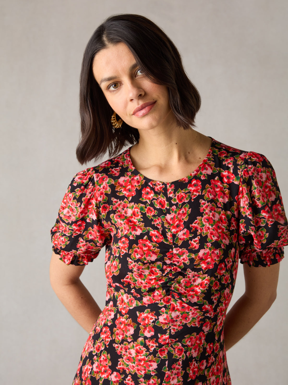 Petite Red Rose Print Ruched Front Midi Dress