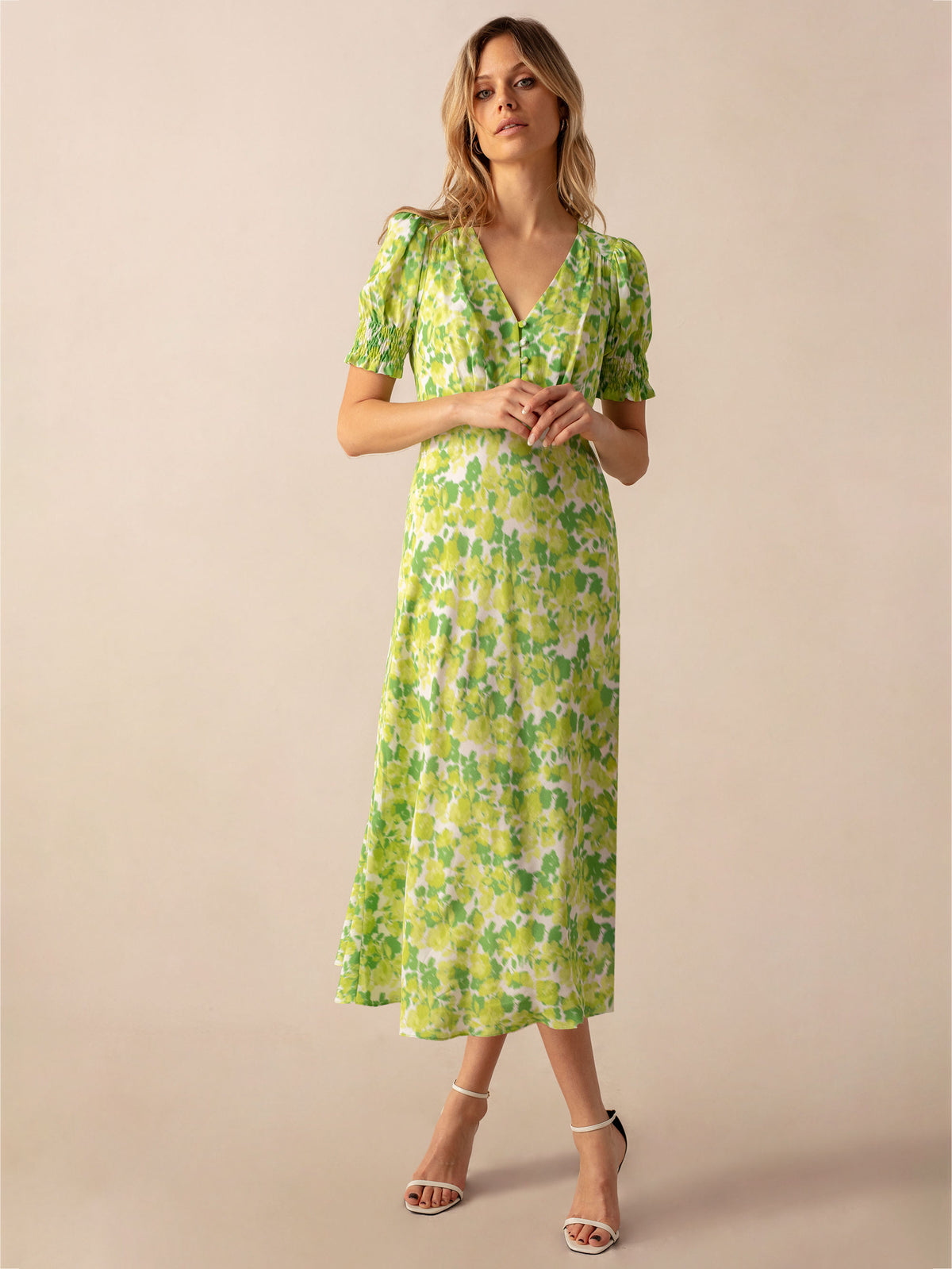 Green Botanical Floral Print Shirred Cuff Midi Dress