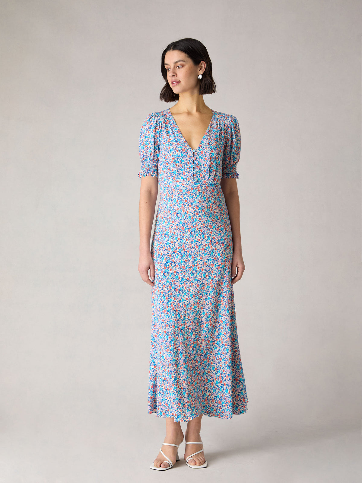 Petite Multi Ditsy Print Shirred Cuff Midi Dress
