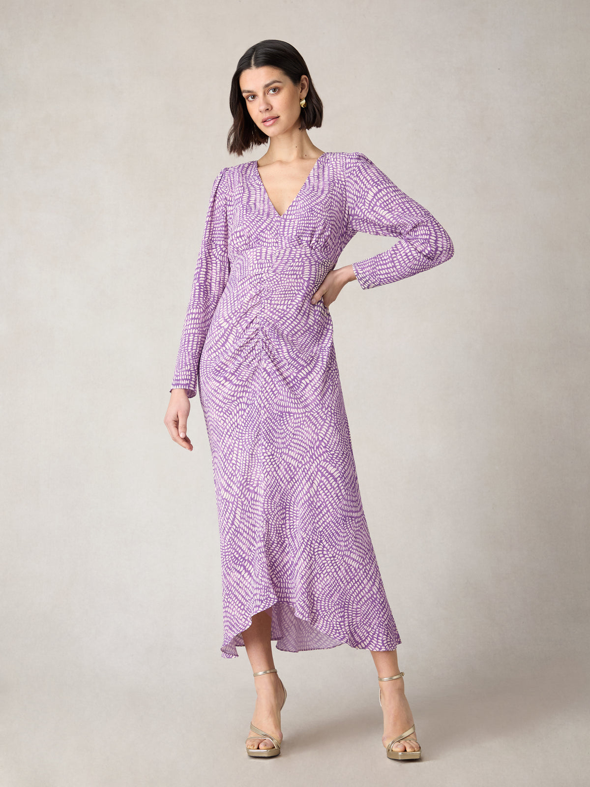 Petite Purple Geo Print Ruched Front Midi Dress