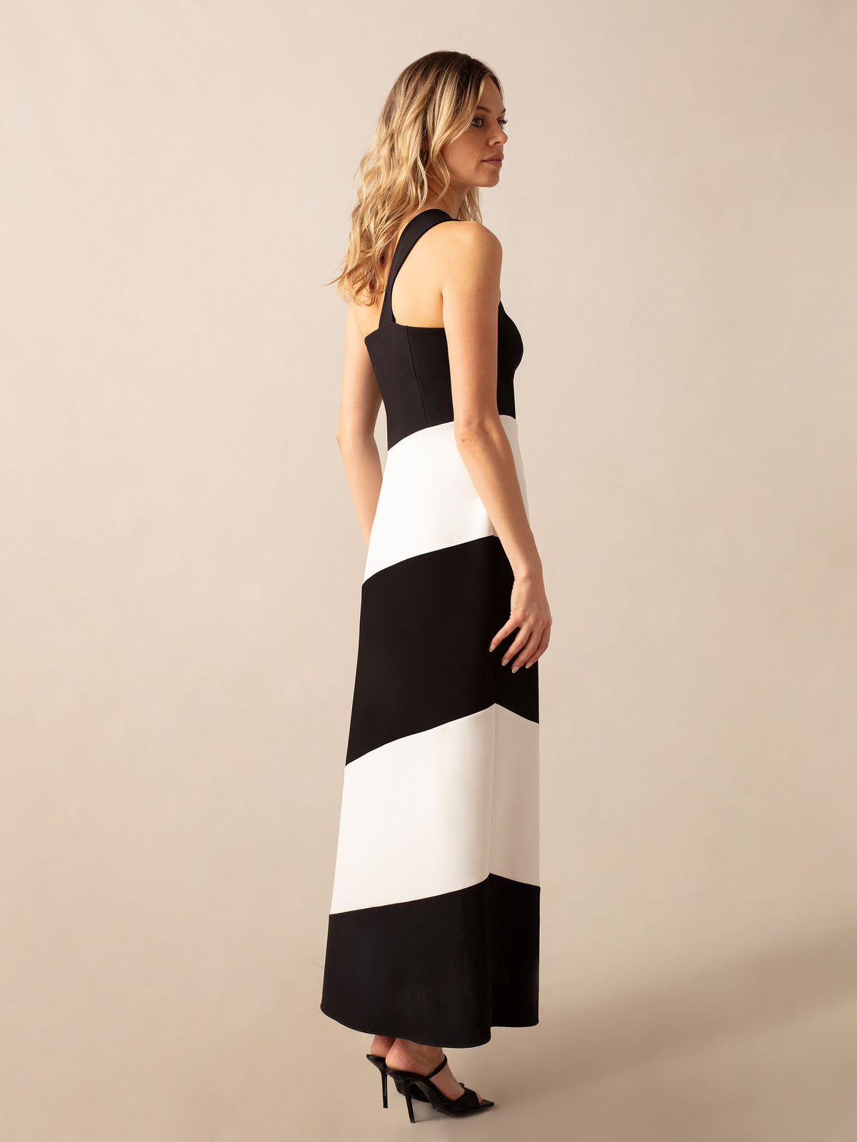 Sofia Mono Stripe One Shoulder Maxi Dress