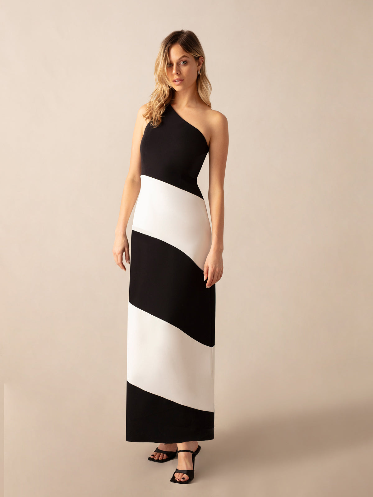 Sofia Mono Stripe One Shoulder Maxi Dress