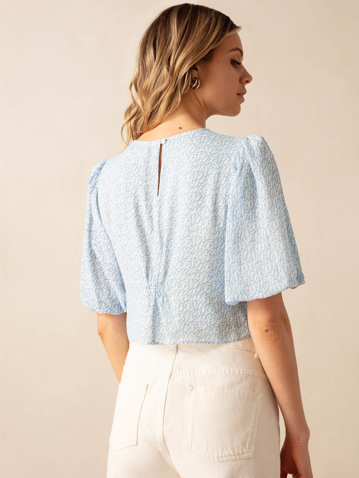 Blue Squiggle Print Ruched Front Top