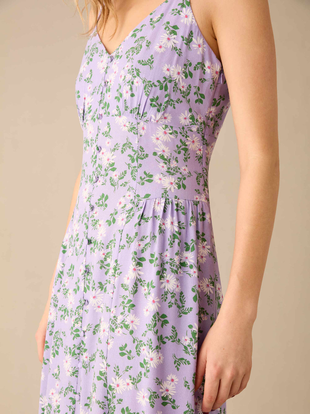 Lilac Daisy Print Strappy Button Through Dress