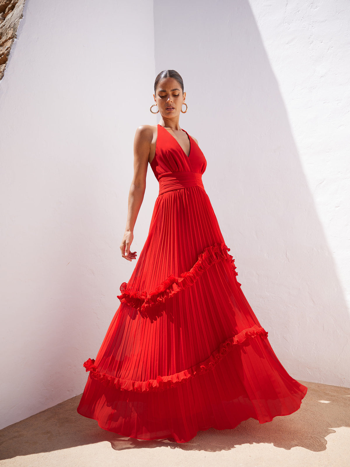 Sienna Red Pleated Frill Maxi Dress