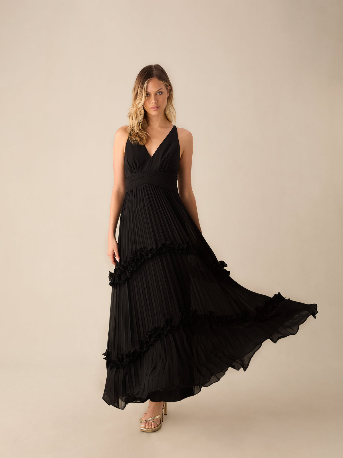 Sienna Black Pleated Frill Maxi Dress