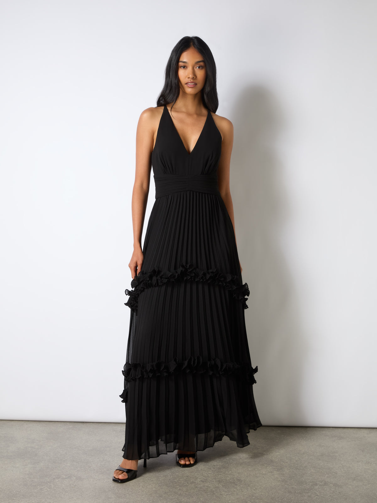 Sienna Black Pleated Frill Maxi Dress