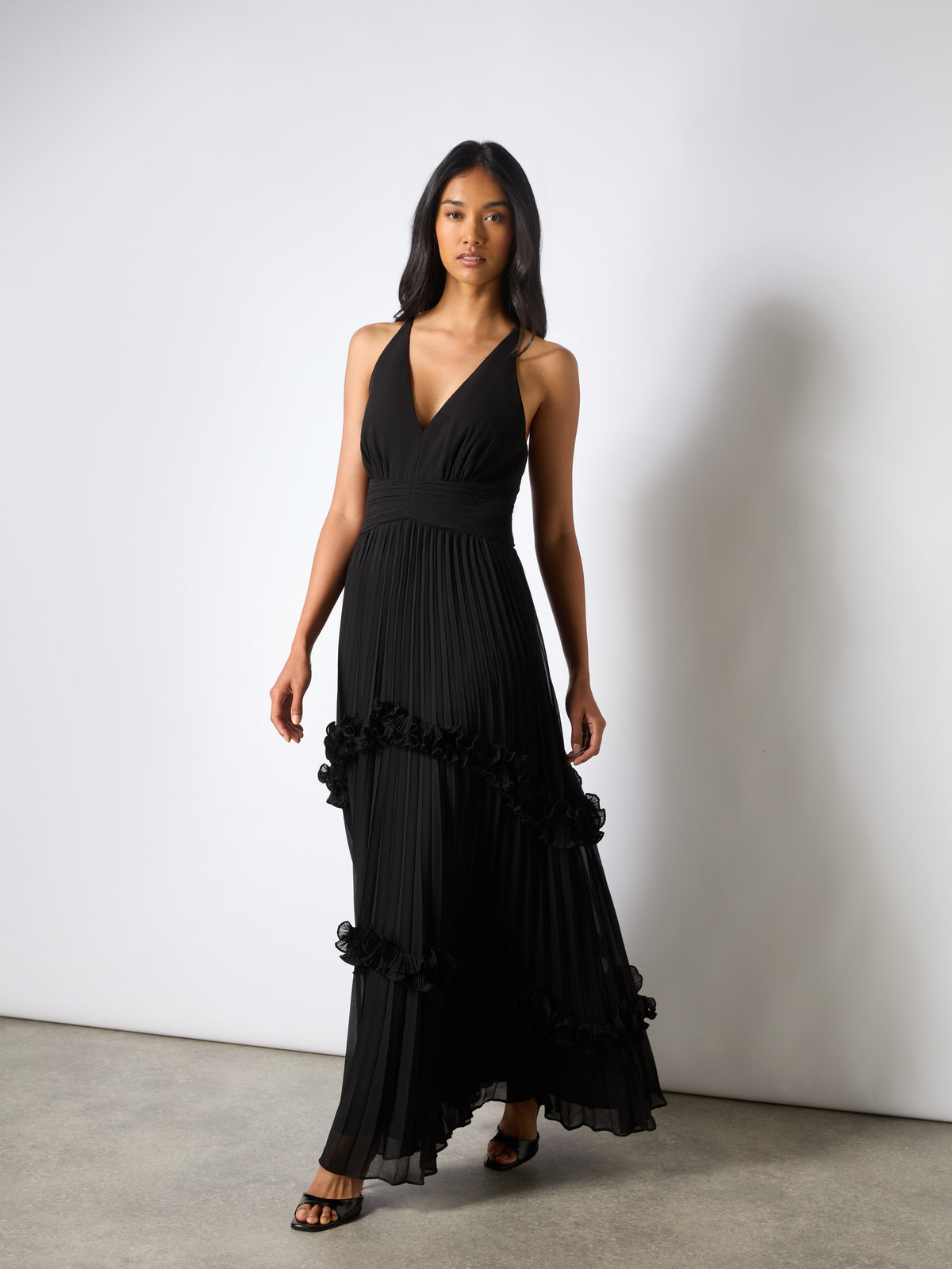 Sienna Black Pleated Frill Maxi Dress