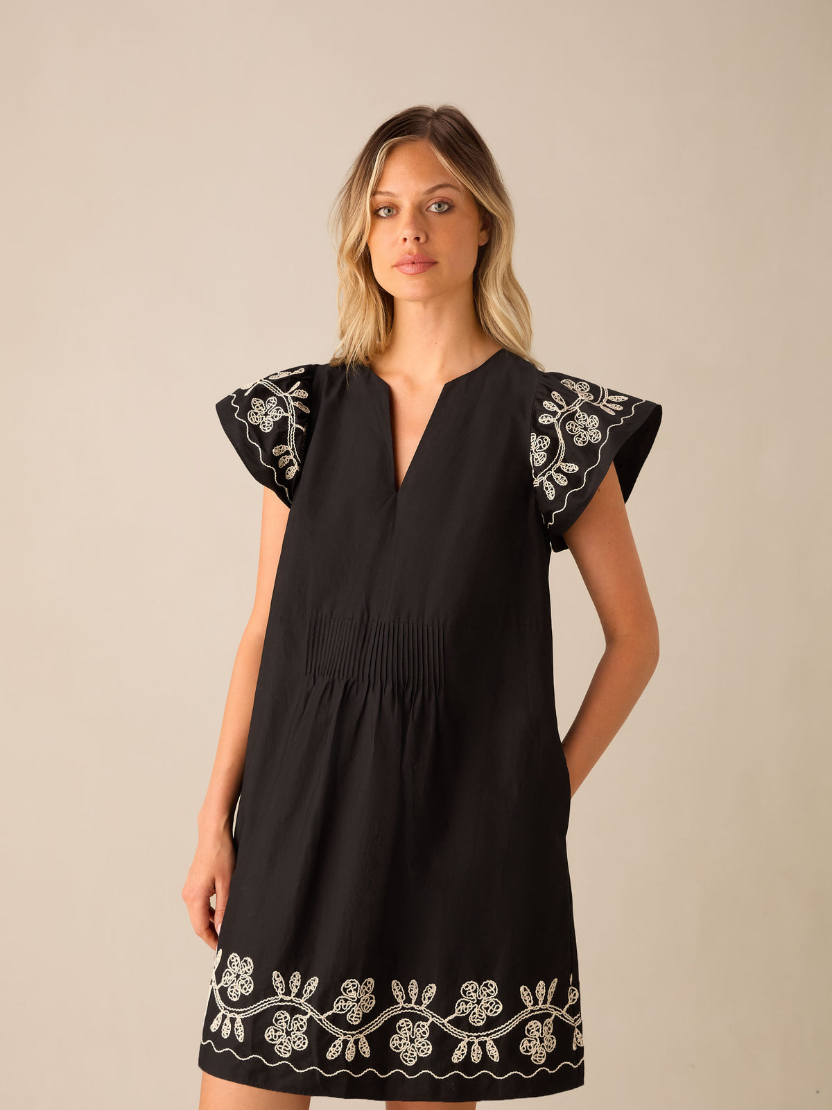 Black Embroidered Frill Short Dress