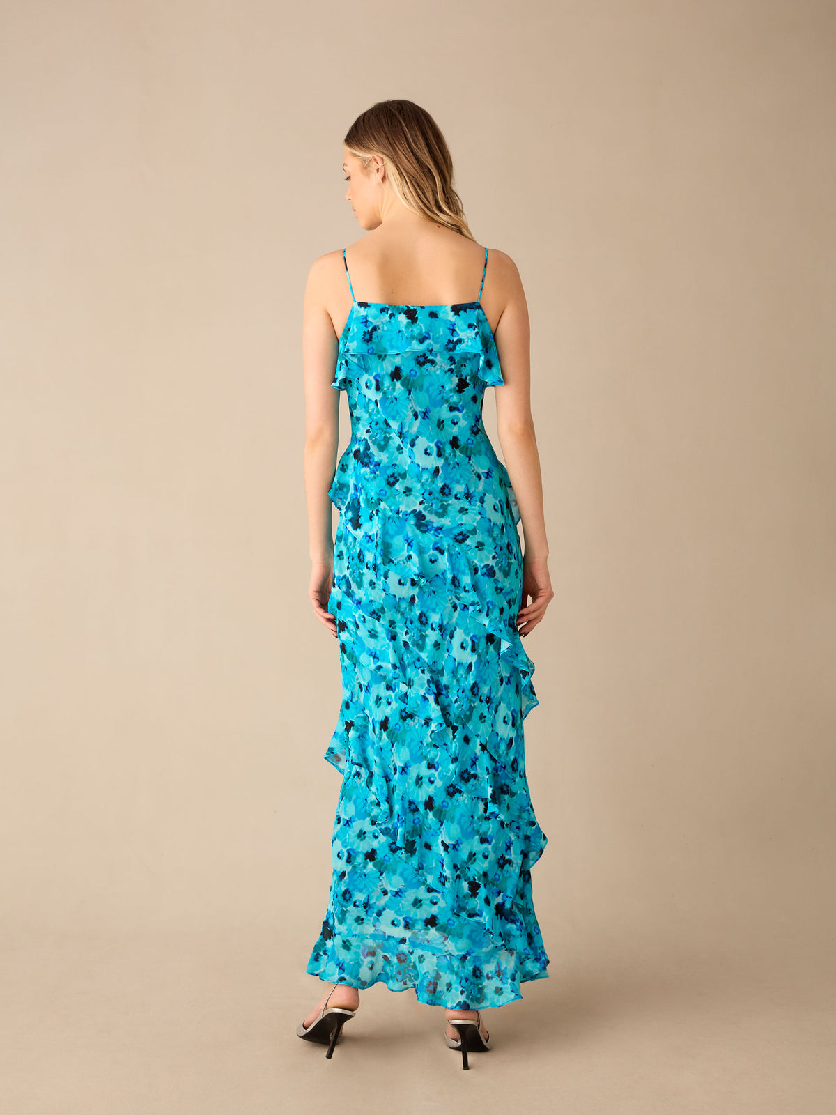 Kirstee Blue Floral Print Ruffle Cami Maxi Dress