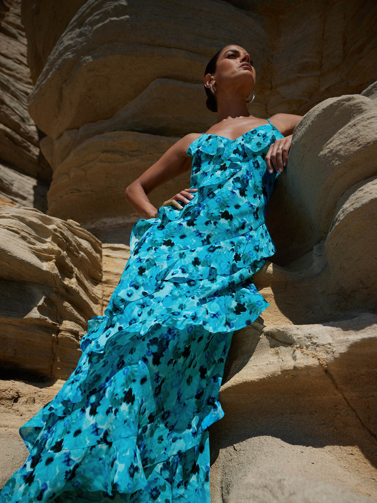 Kirstee Blue Floral Print Ruffle Cami Maxi Dress