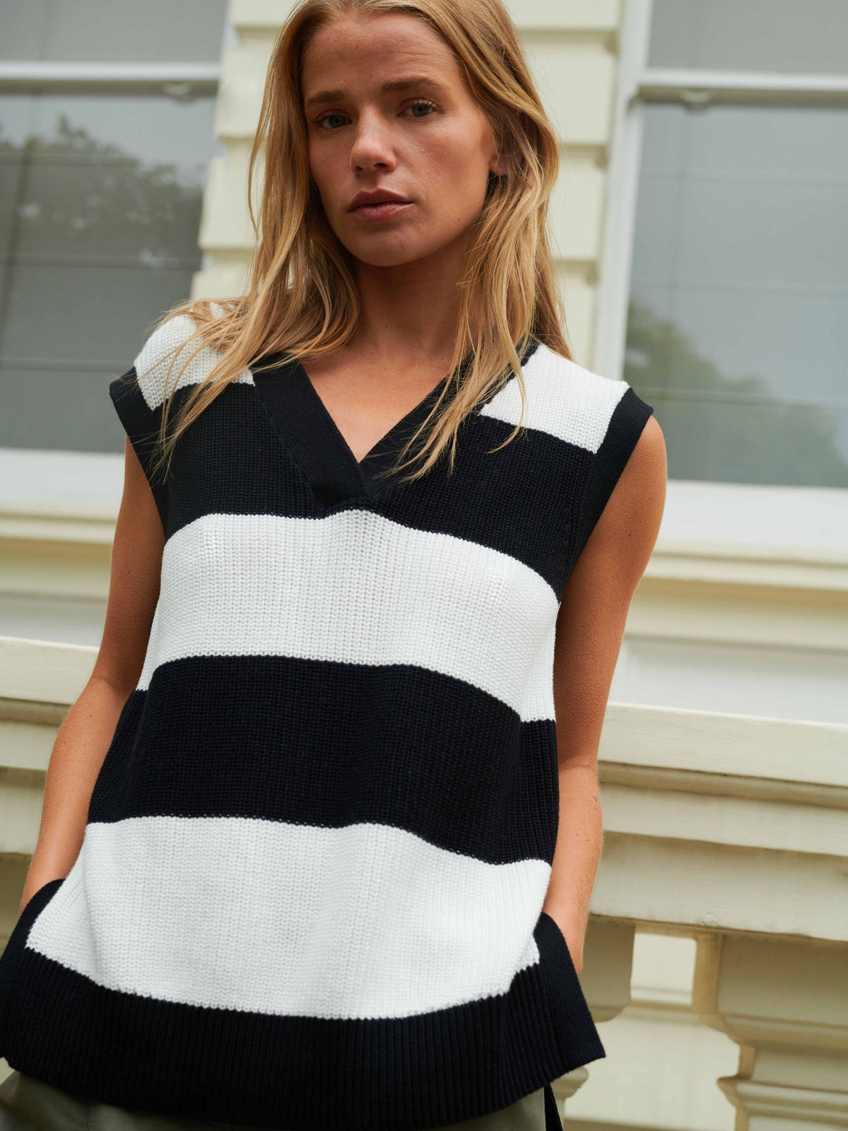 Monochrome Stripe Side Zip Knitted Vest