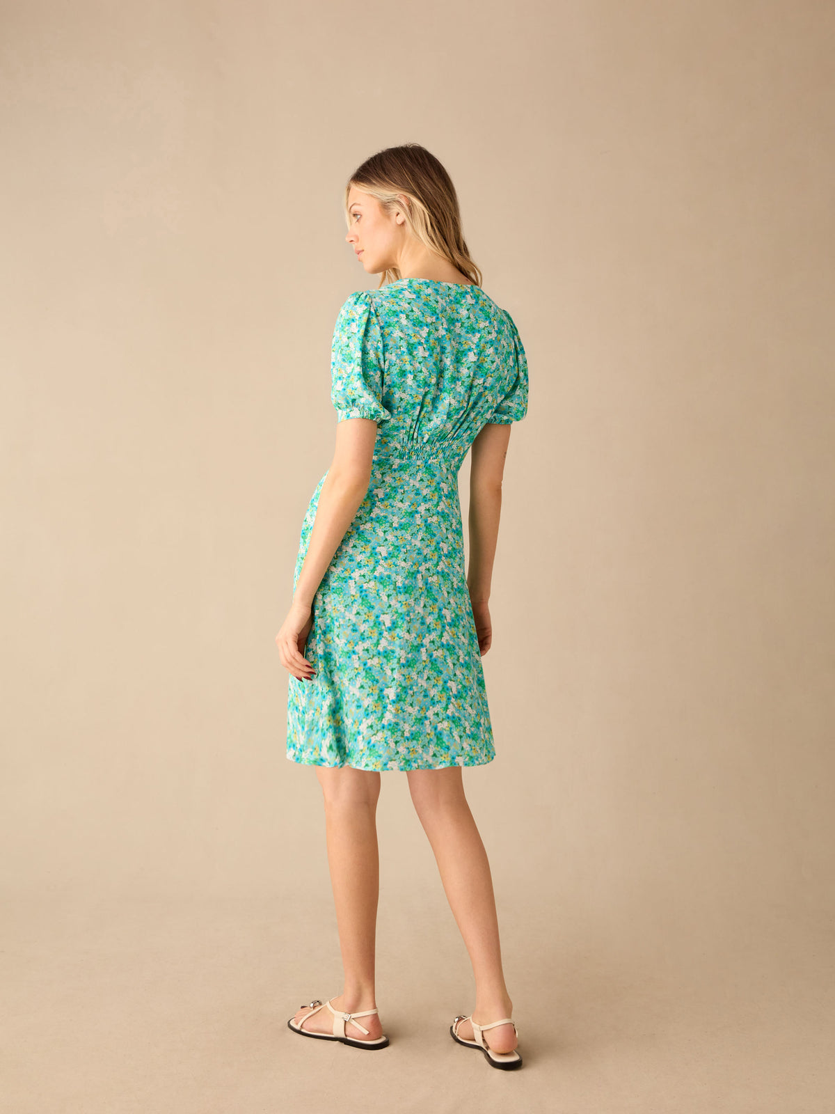Green Ditsy Shirred Shoulder Short Dress