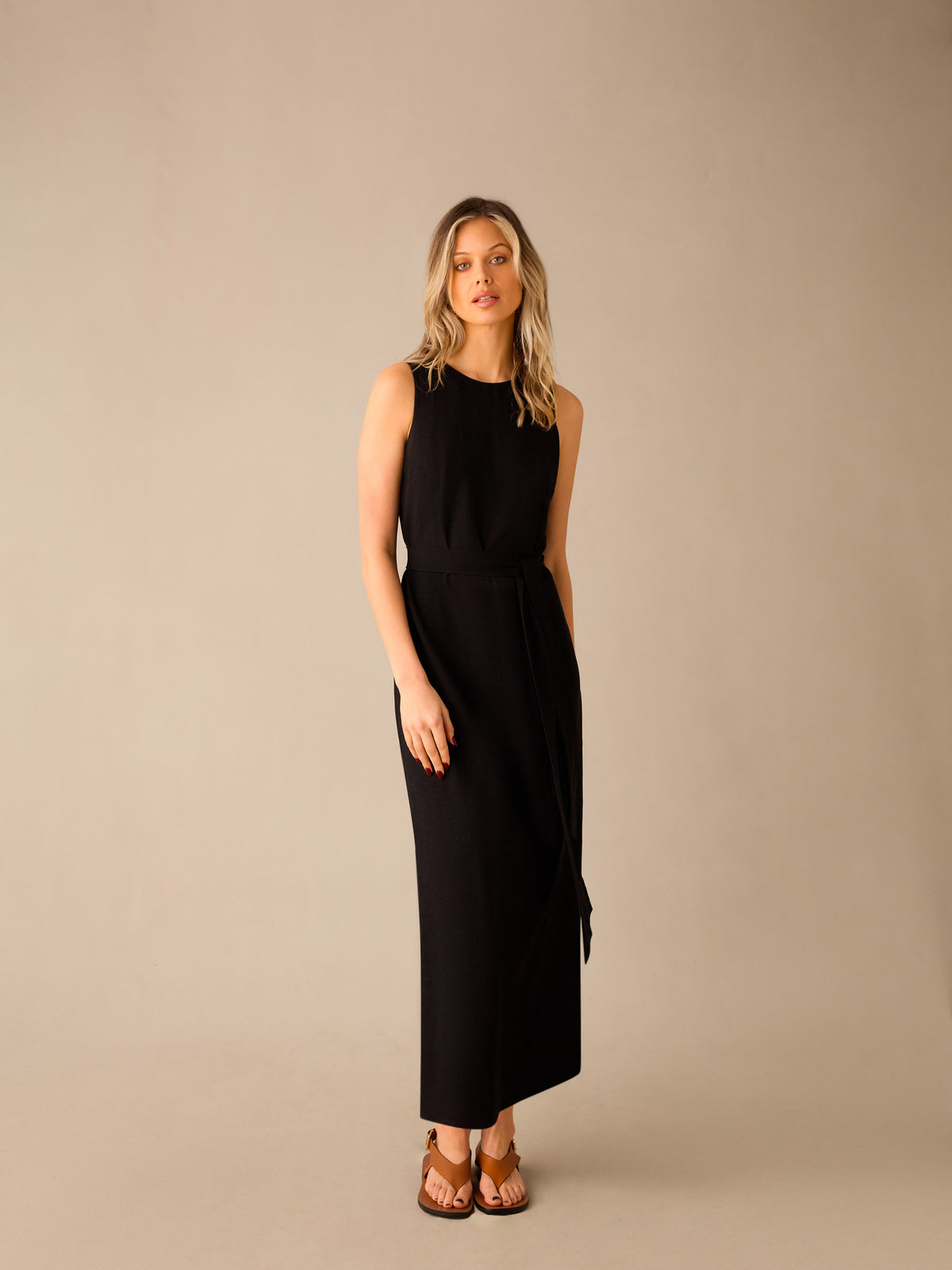 Black Linen-blend Tie Waist Column Midi Dress