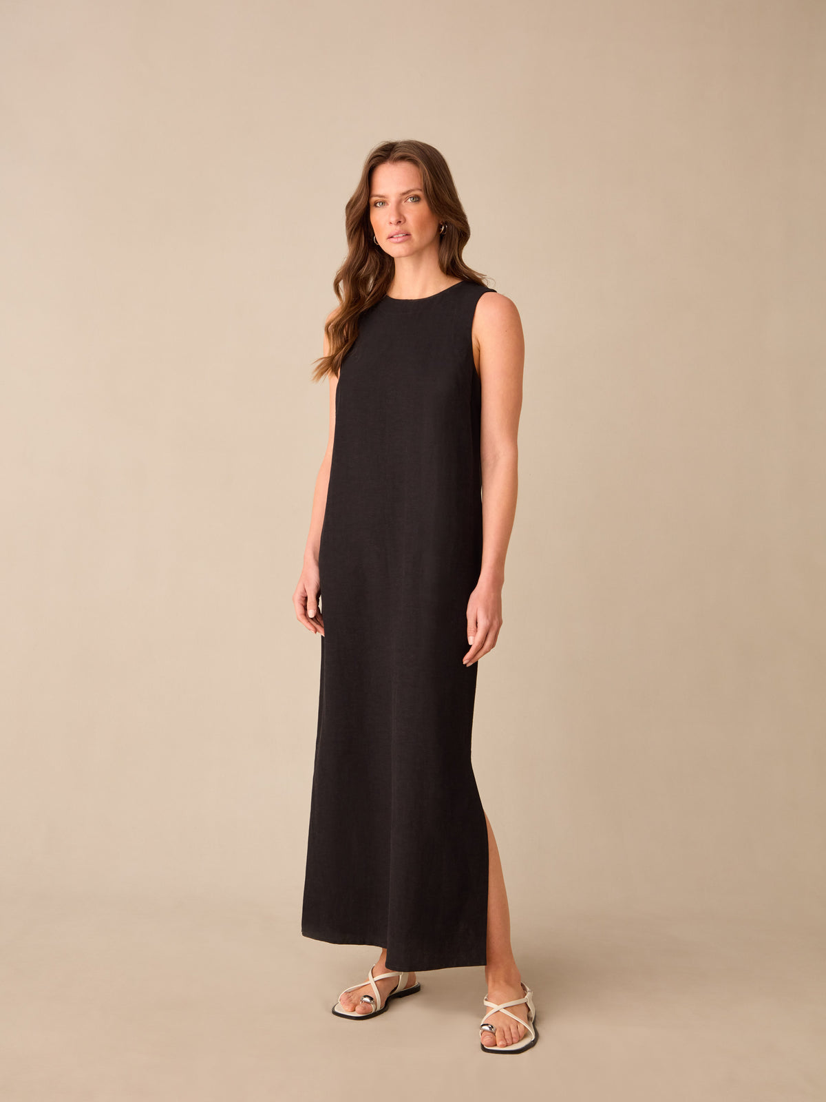 Petite Black Linen-blend Tie Waist Column Midi Dress