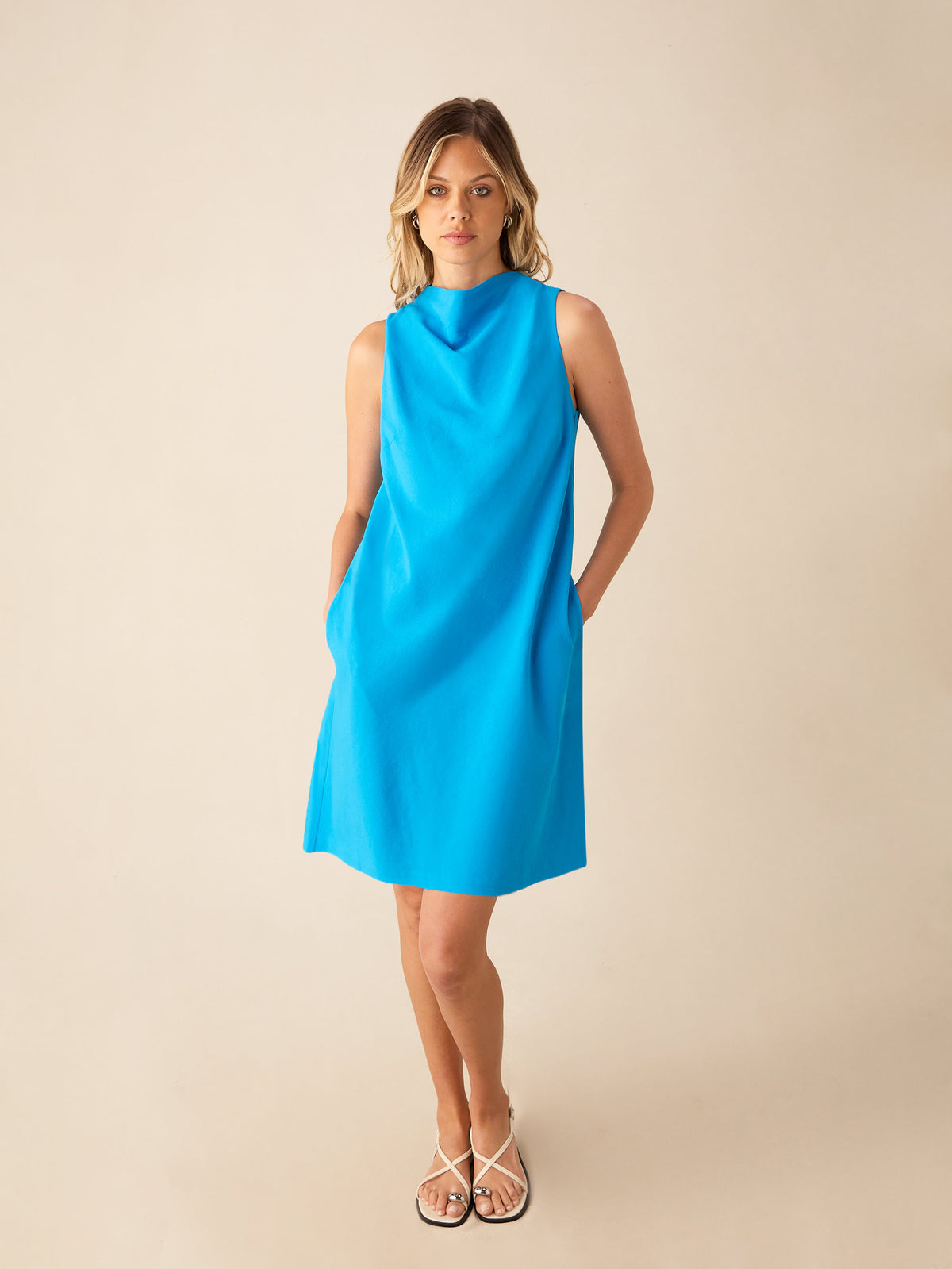 Blue Cowl Neck Linen Shift Dress