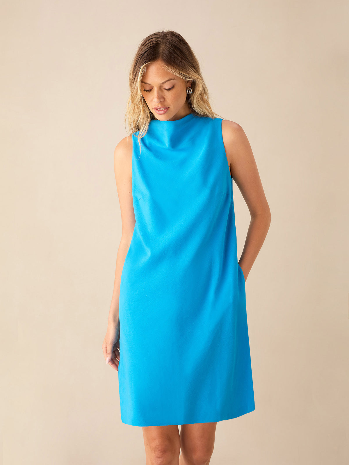 Blue Cowl Neck Linen-blend Shift Dress