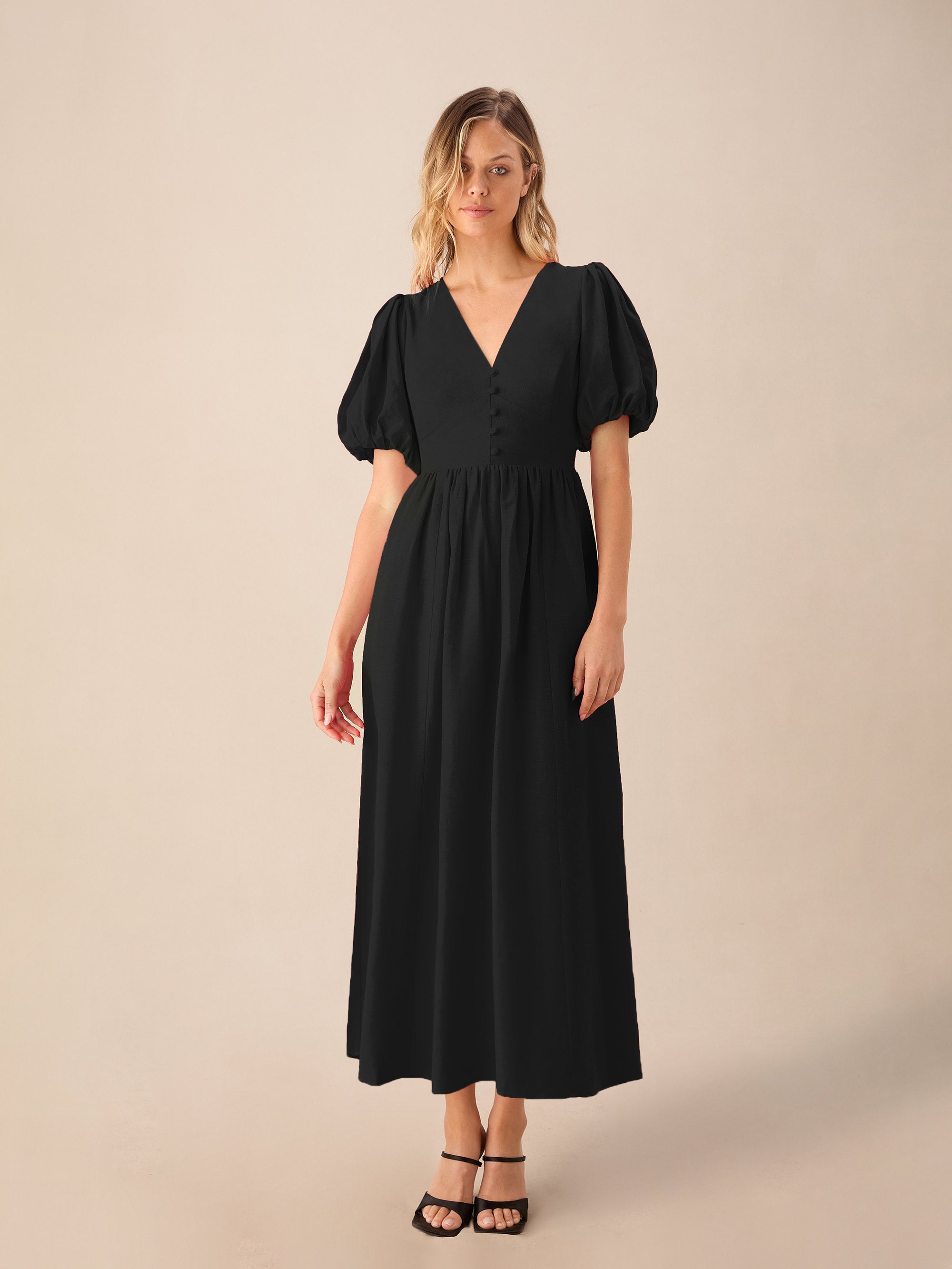 Cara Black Linen-blend Puff Sleeve V-Neck Midi Dress – Ro&Zo