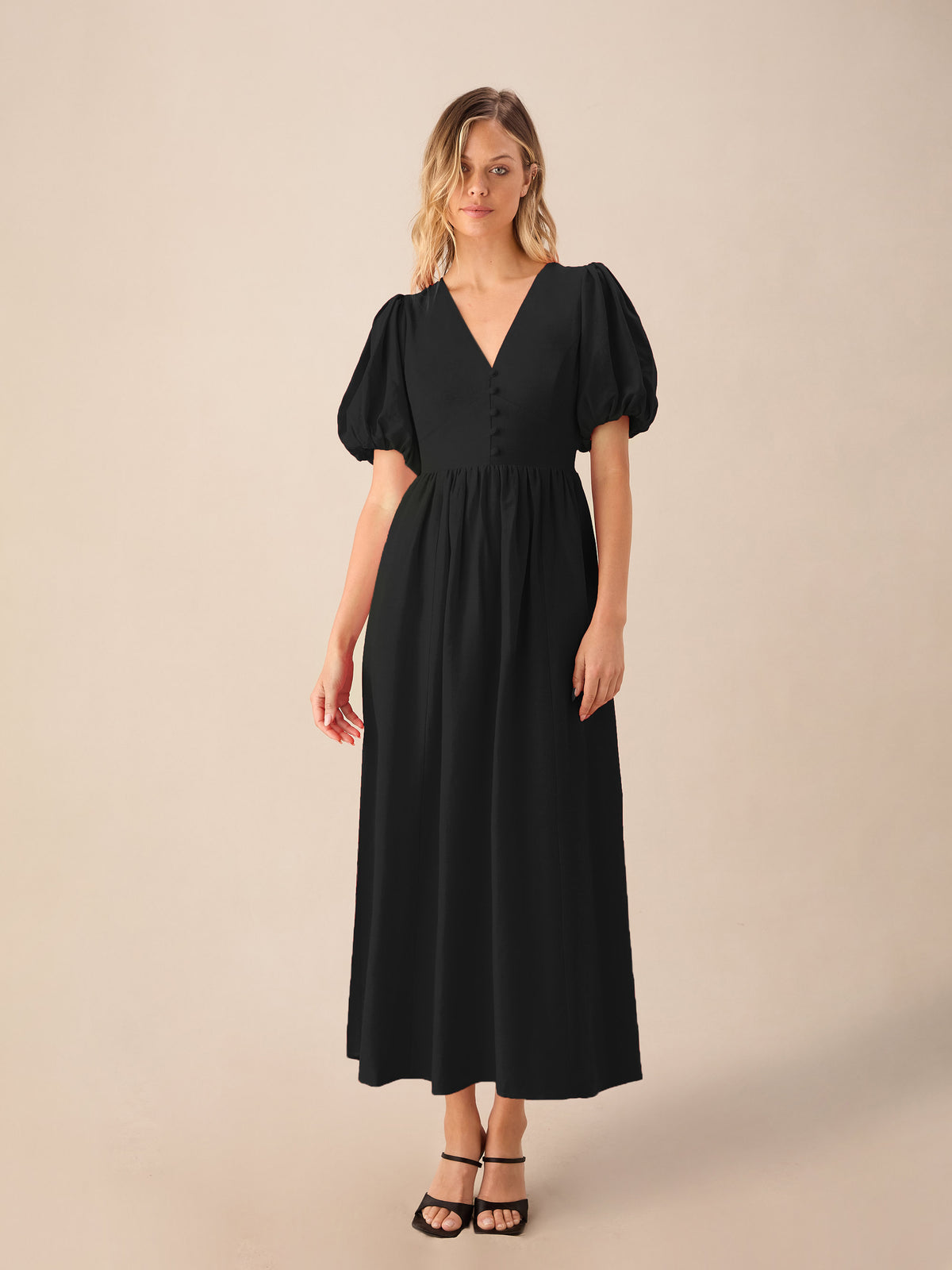 Cara Black Linen-blend Puff Sleeve V-Neck Midi Dress
