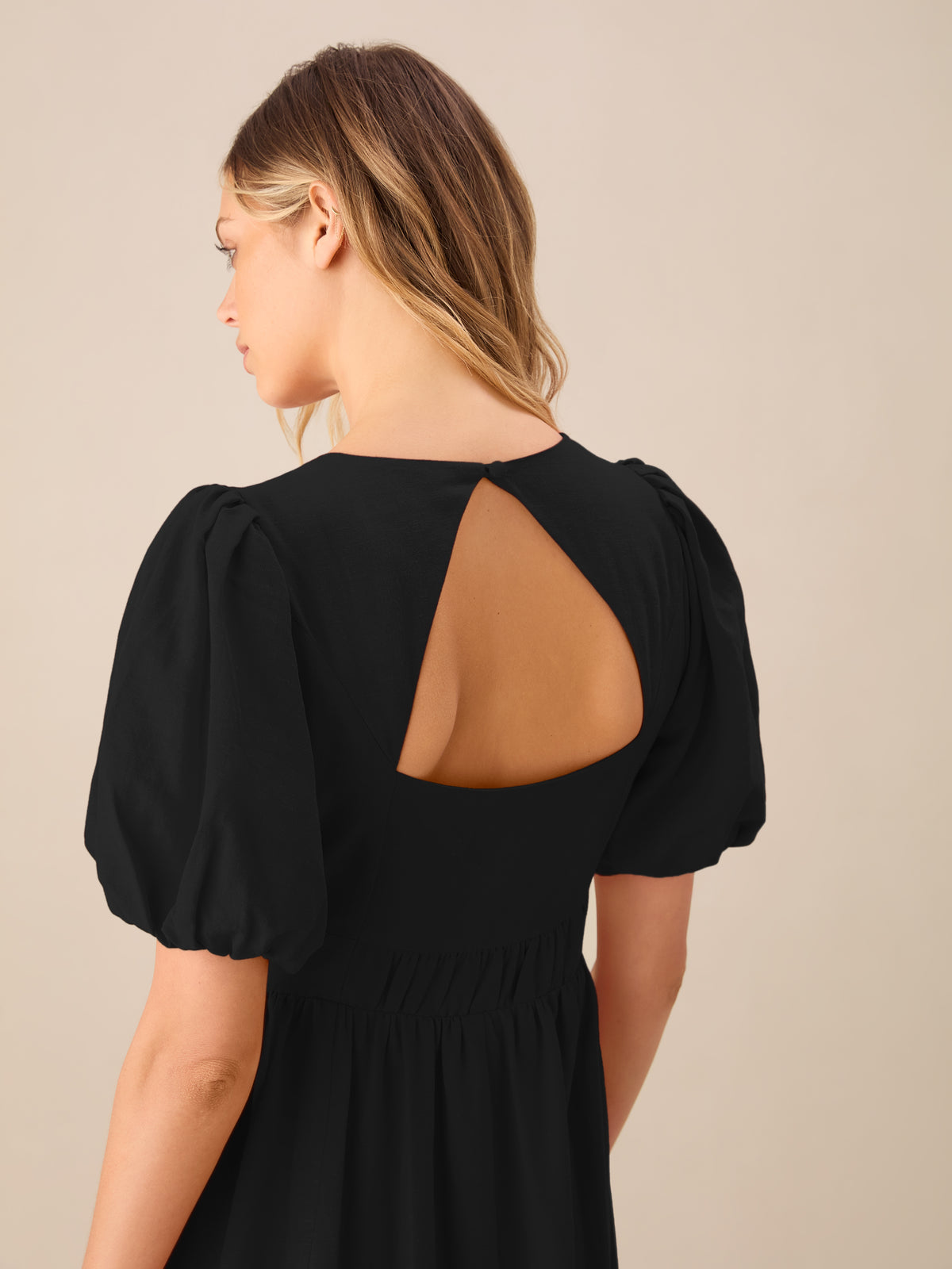 Cara Black Linen-blend Puff Sleeve V-Neck Midi Dress