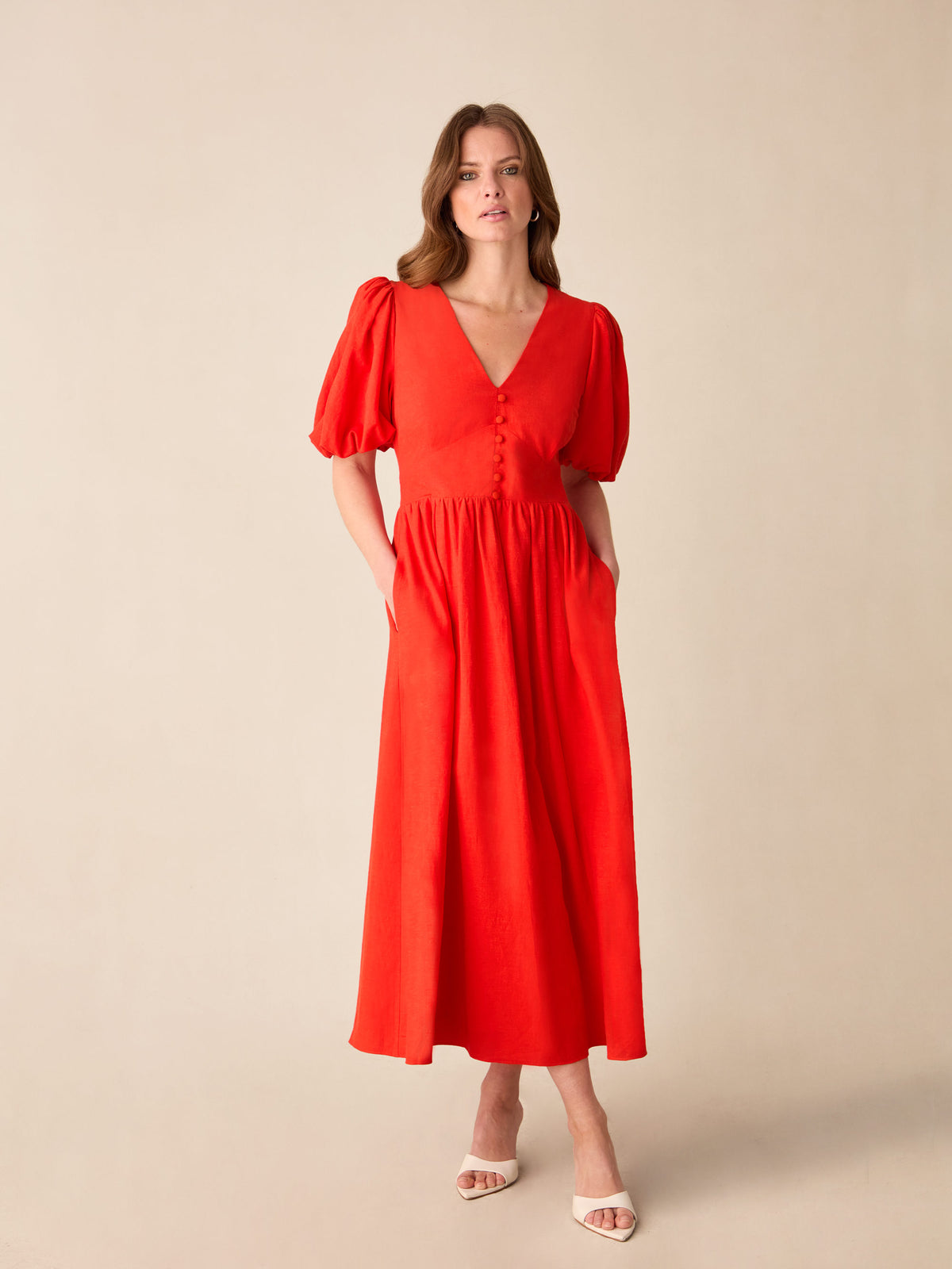 Petite Cara Red Linen-blend Puff Sleeve V-Neck Midi Dress