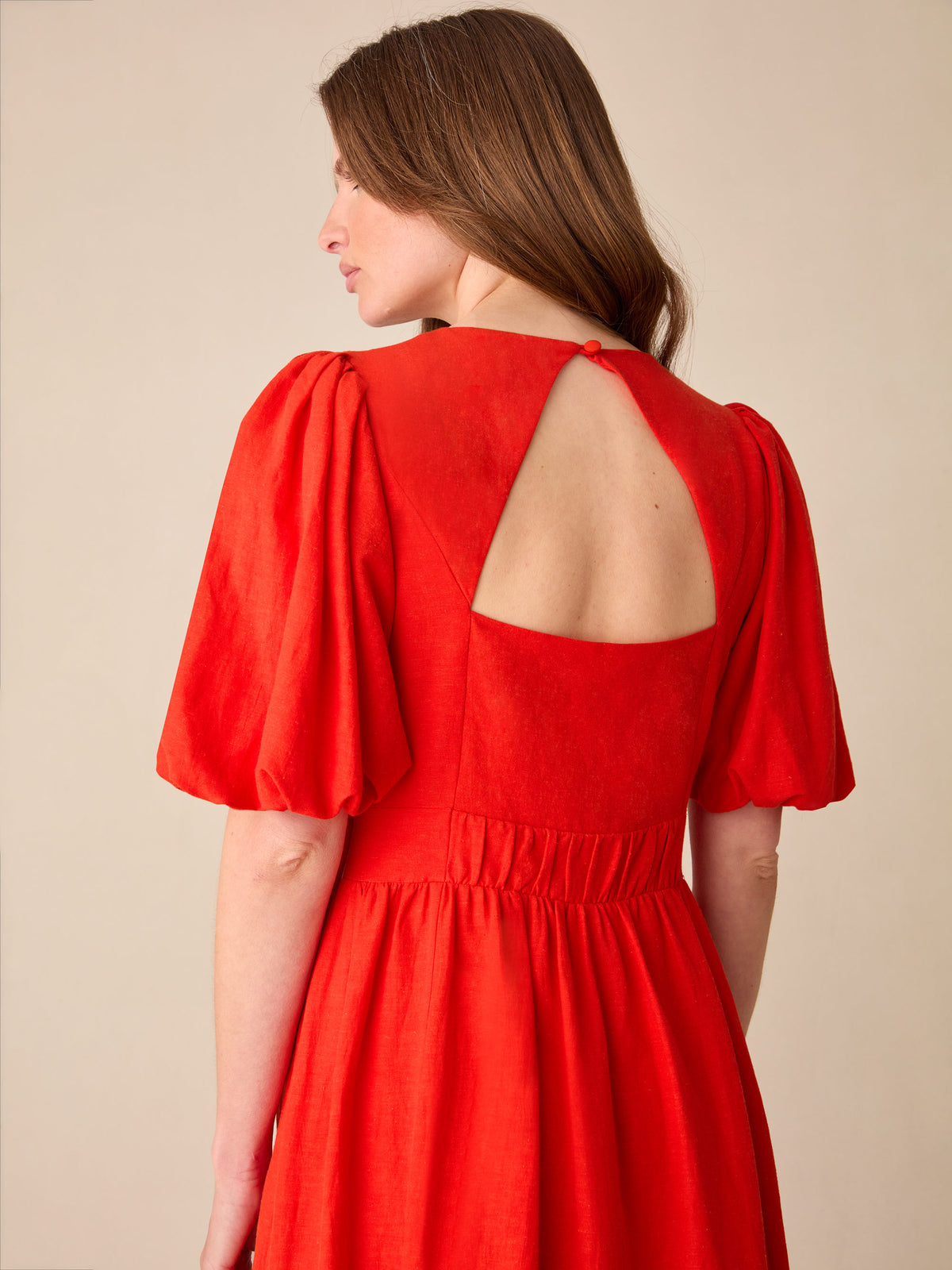 Petite Cara Red Linen-blend Puff Sleeve V-Neck Midi Dress