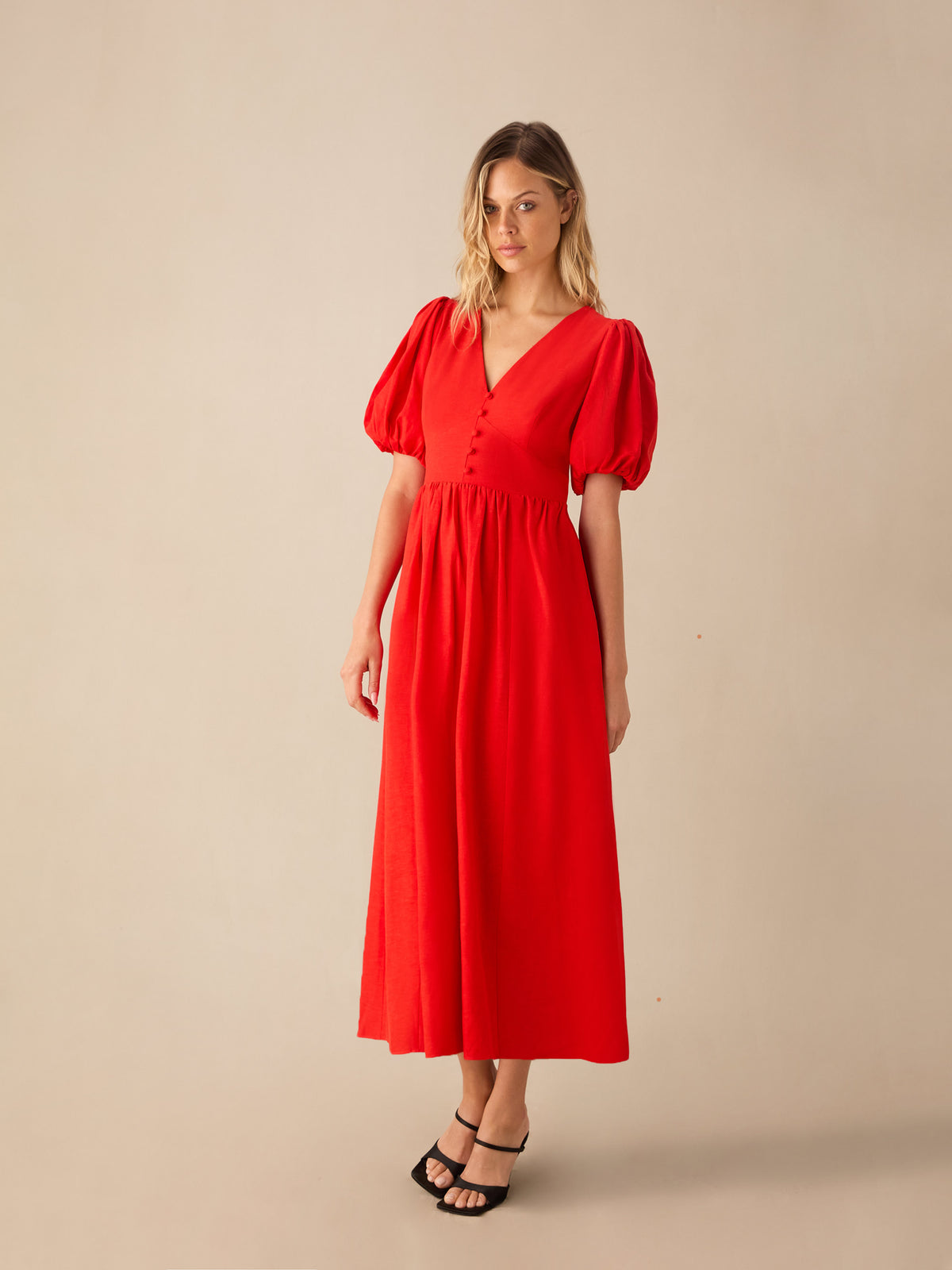 Red Linen-blend Puff Sleeve V-Neck Midi Dress
