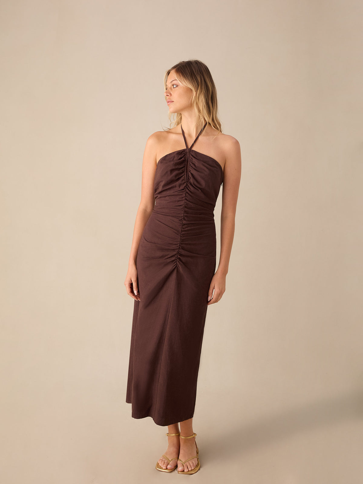 Brown Halter Ruched Front Linen-blend Midaxi Dress