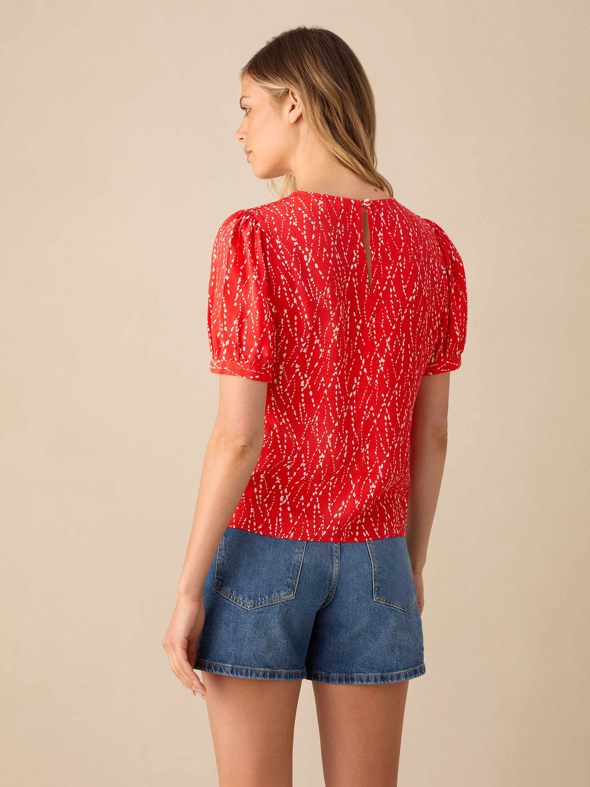 Red Dash Print Ruched Front Top