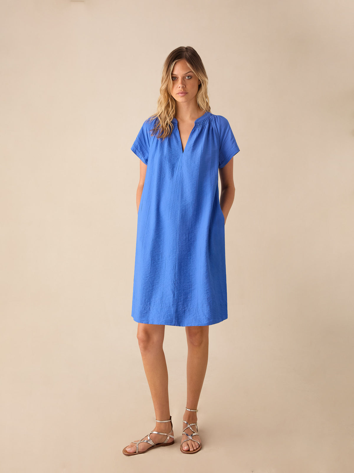 Blue Gathered Neck Short Dress