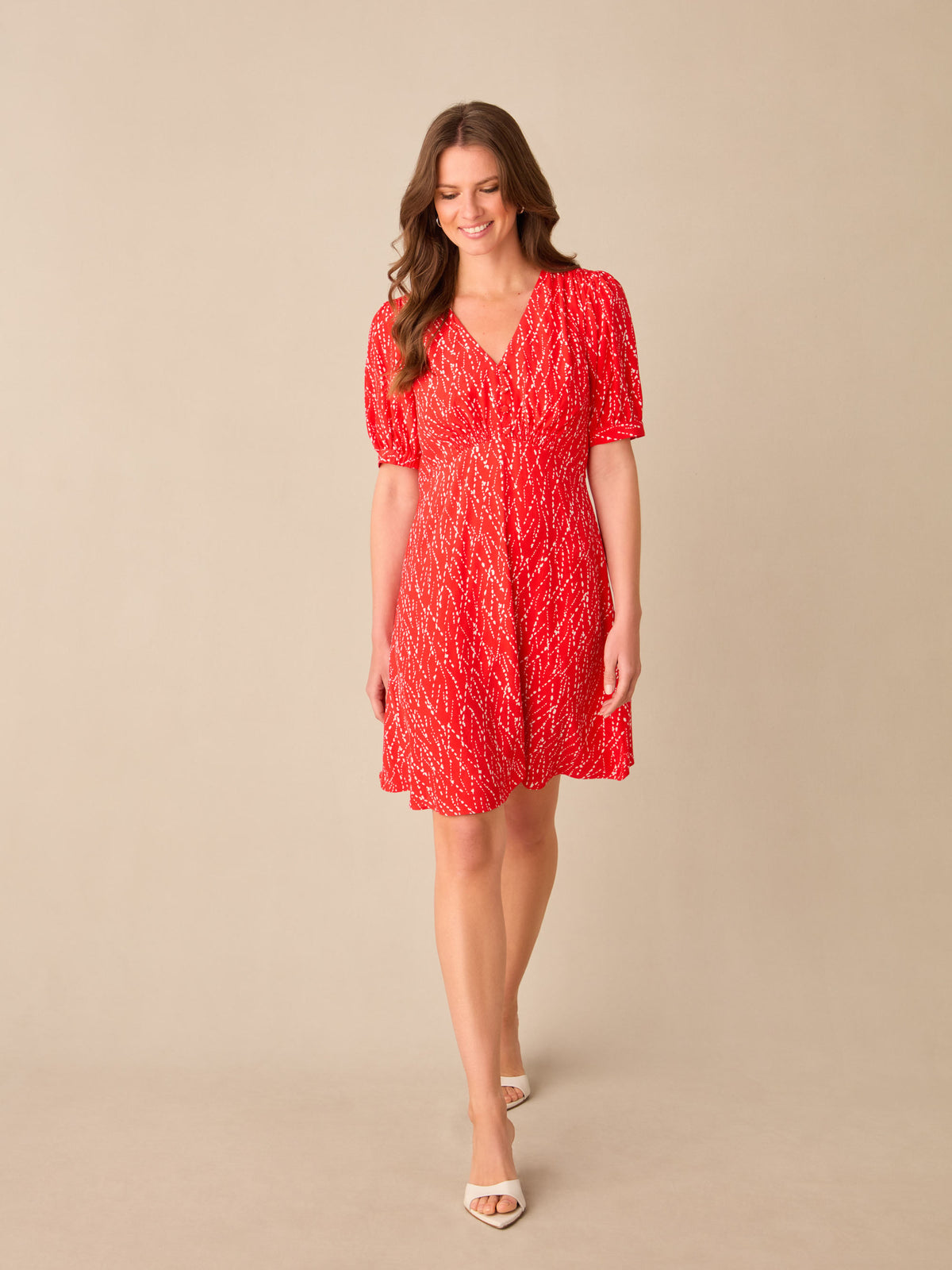 Petite Red Dash Print Shirred Shoulder Short Dress