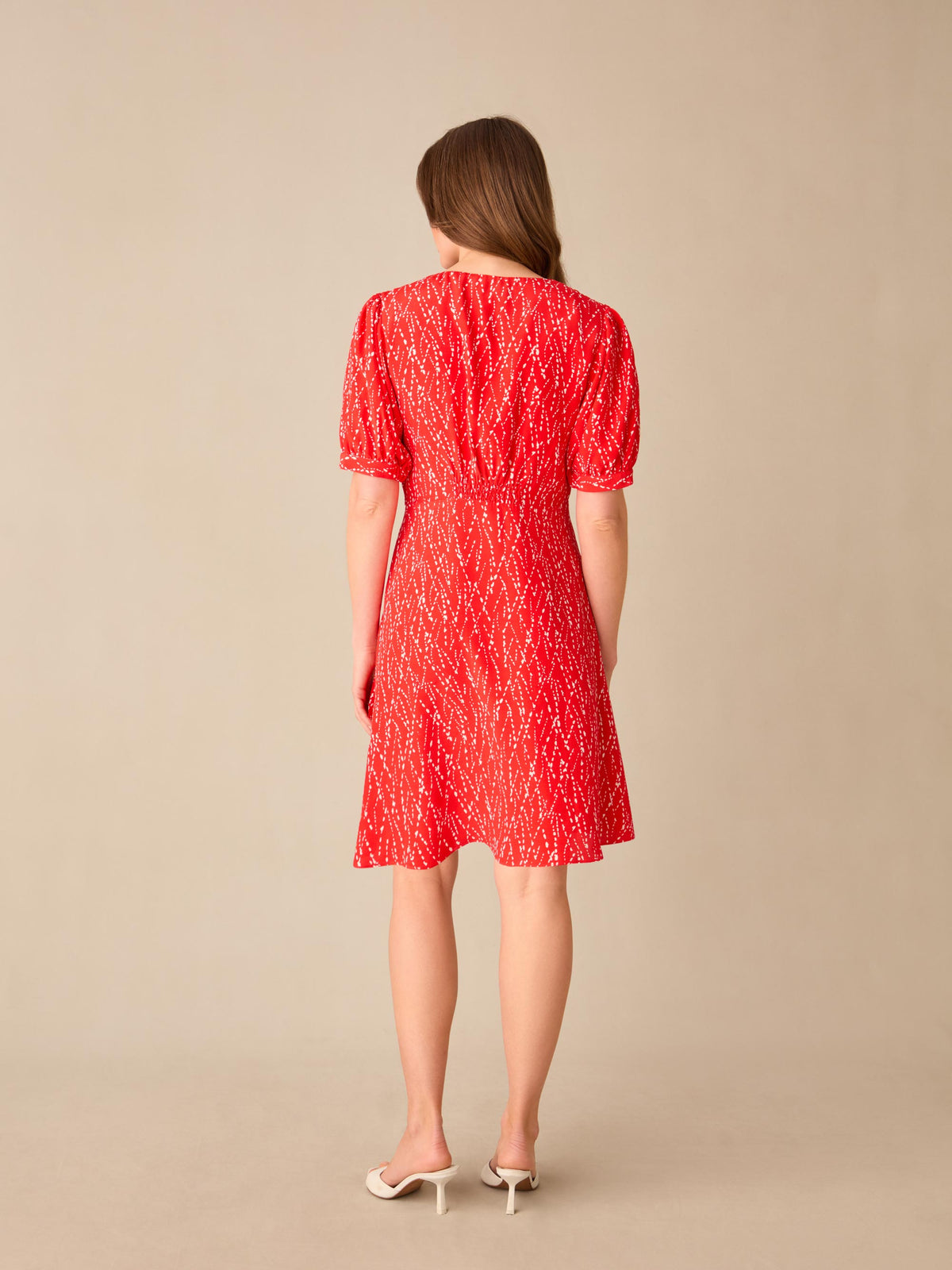 Petite Red Dash Print Shirred Shoulder Short Dress