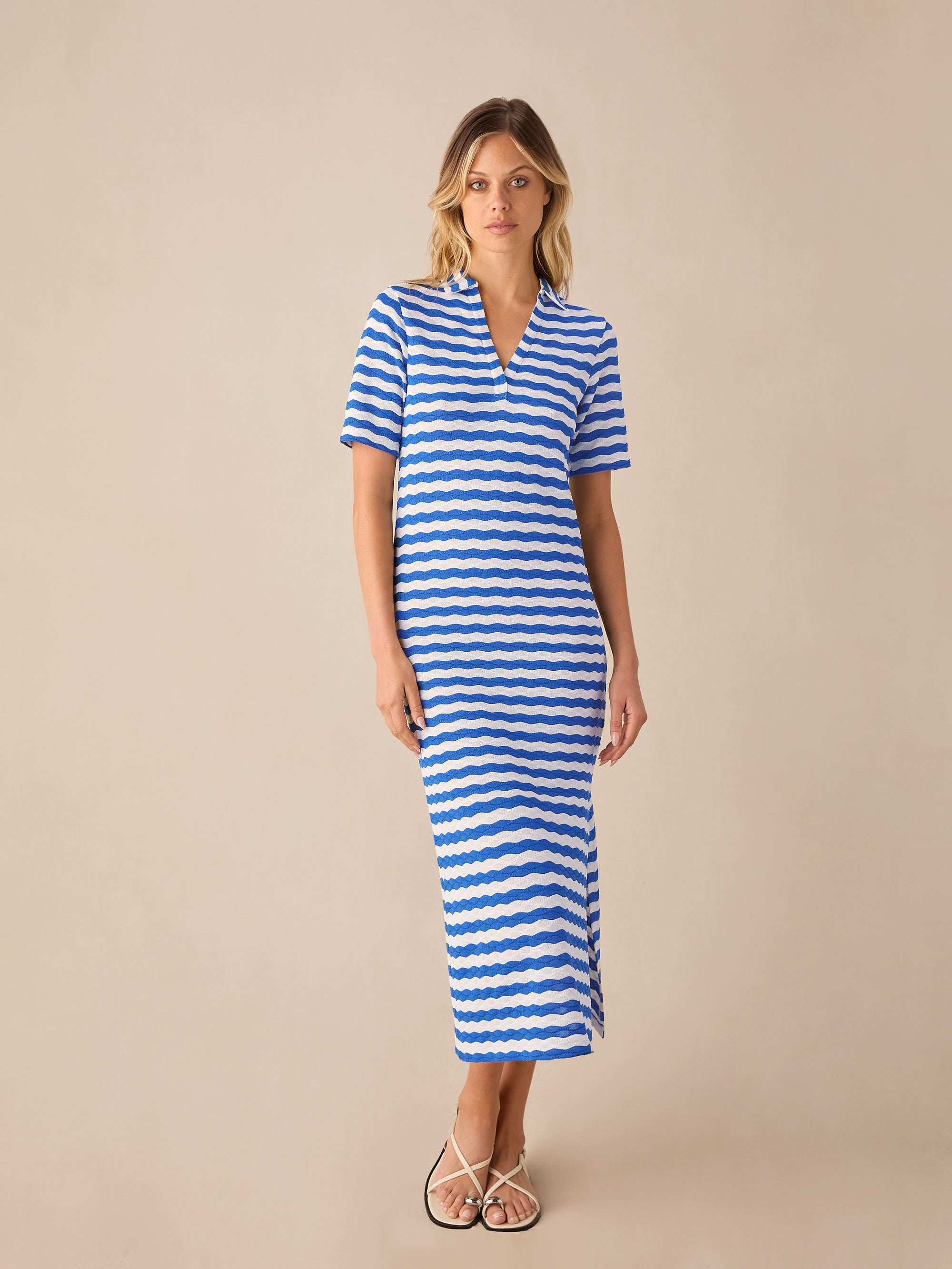 New color] Cotton Striped Ribbed Knit Dress