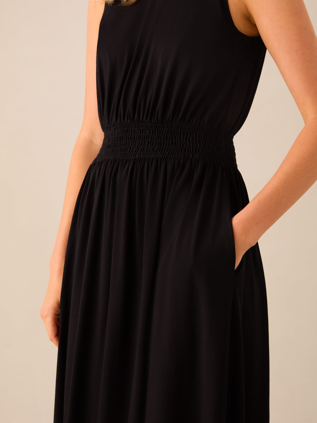 Black Jersey Shirred Waistband Dress