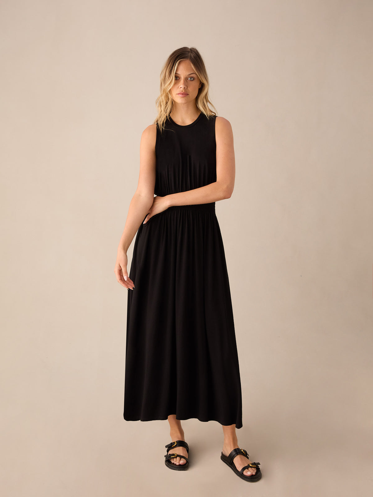 Petite Black Jersey Shirred Waistband Dress