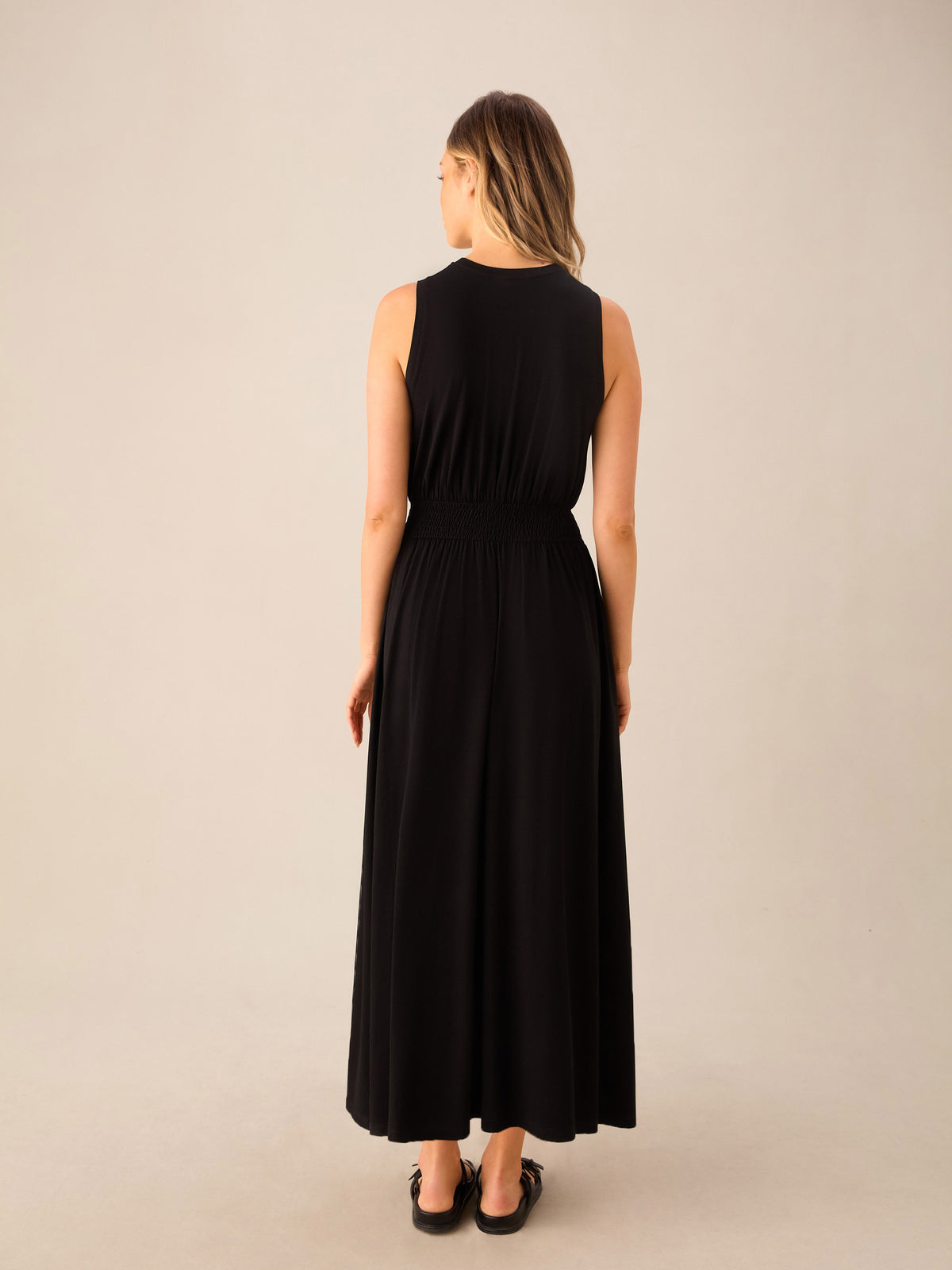 Petite Black Jersey Shirred Waistband Dress