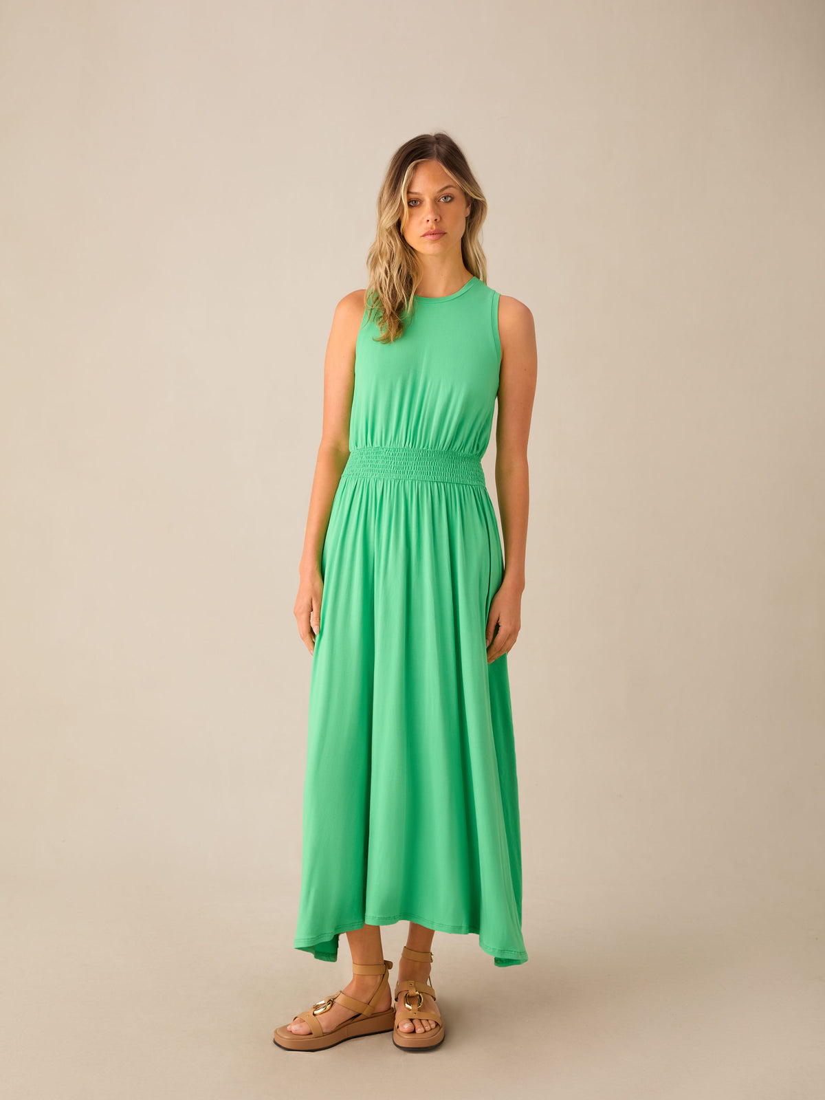 Green Jersey Shirred Waistband Dress