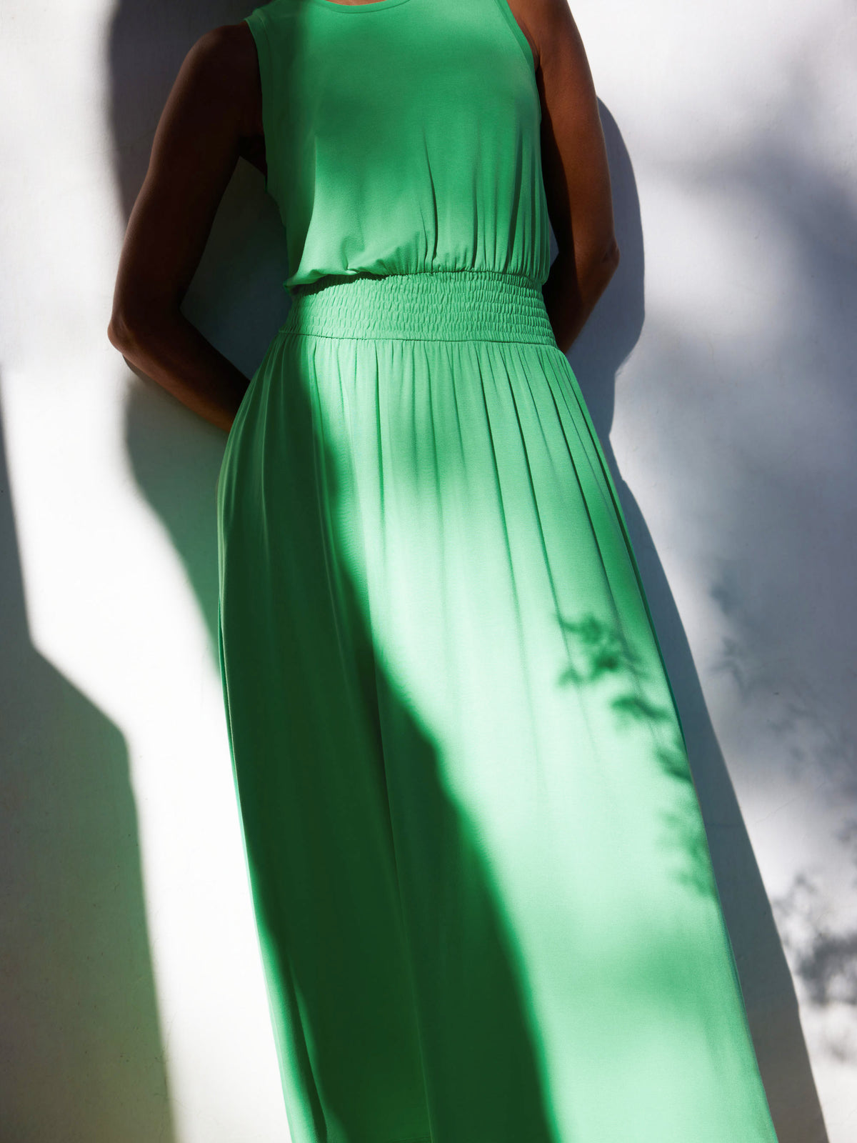 Green Jersey Shirred Waistband Dress