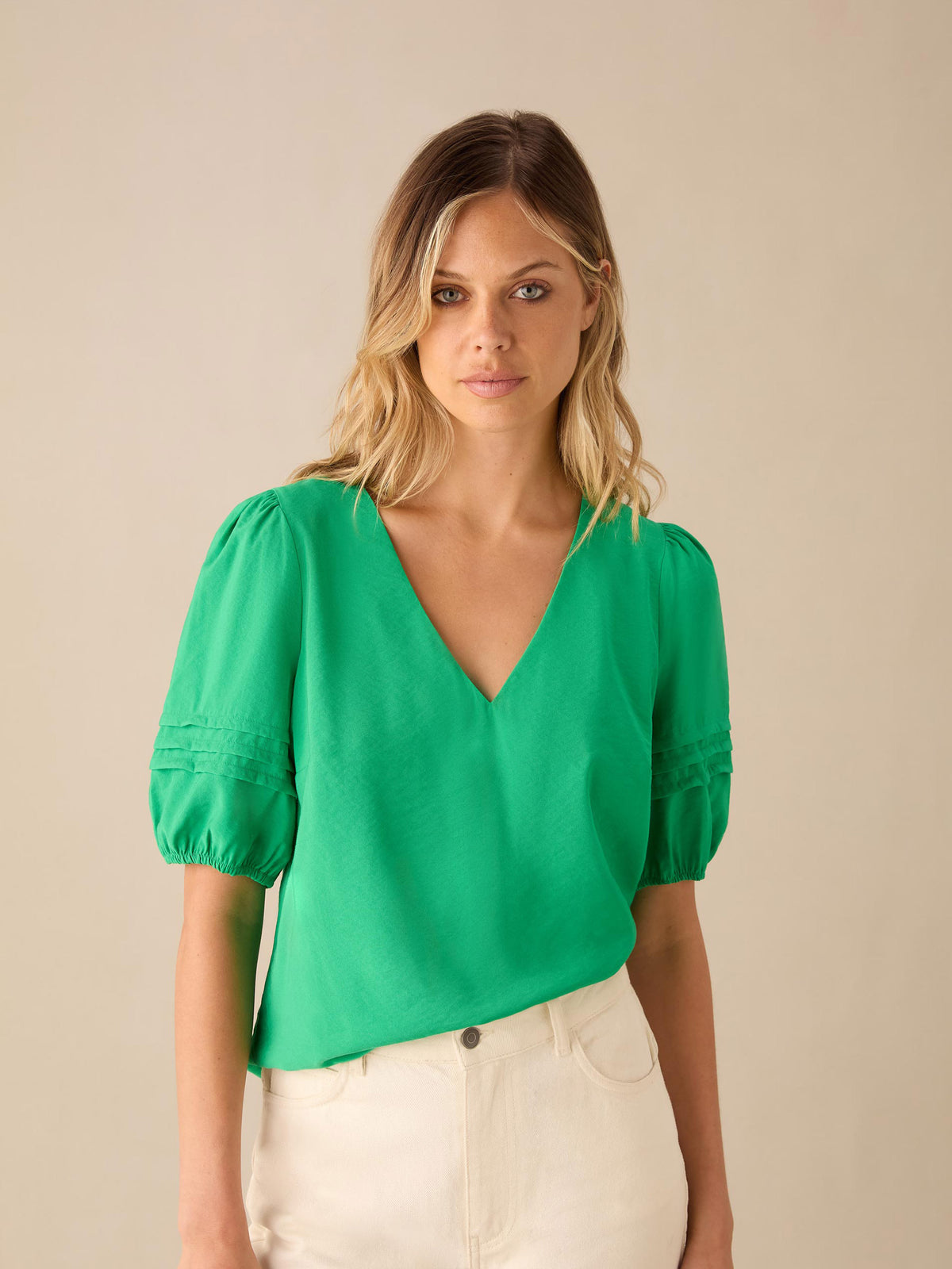 Green Pleat Sleeve Top